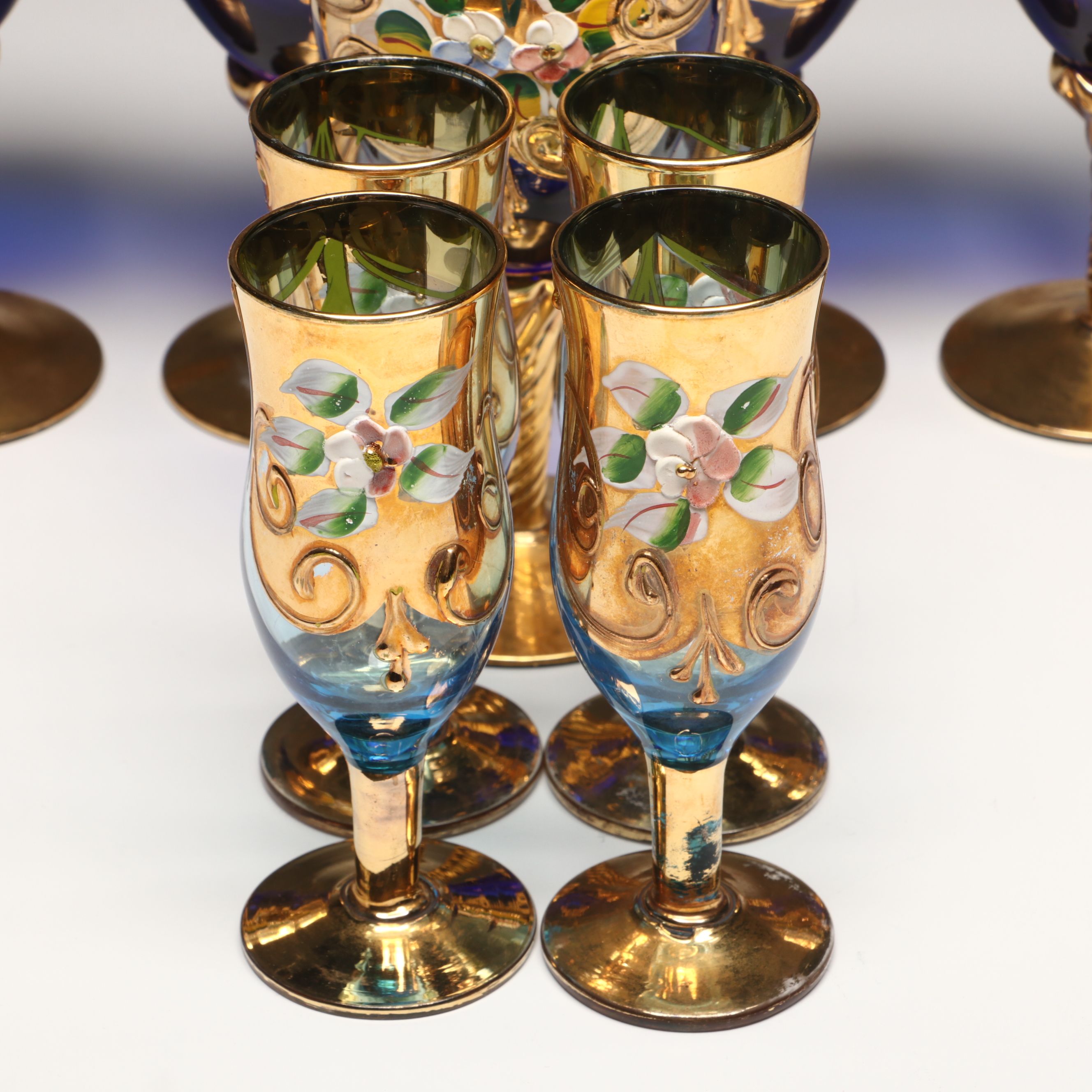 Gilt Decorated Blue Glass Stemware