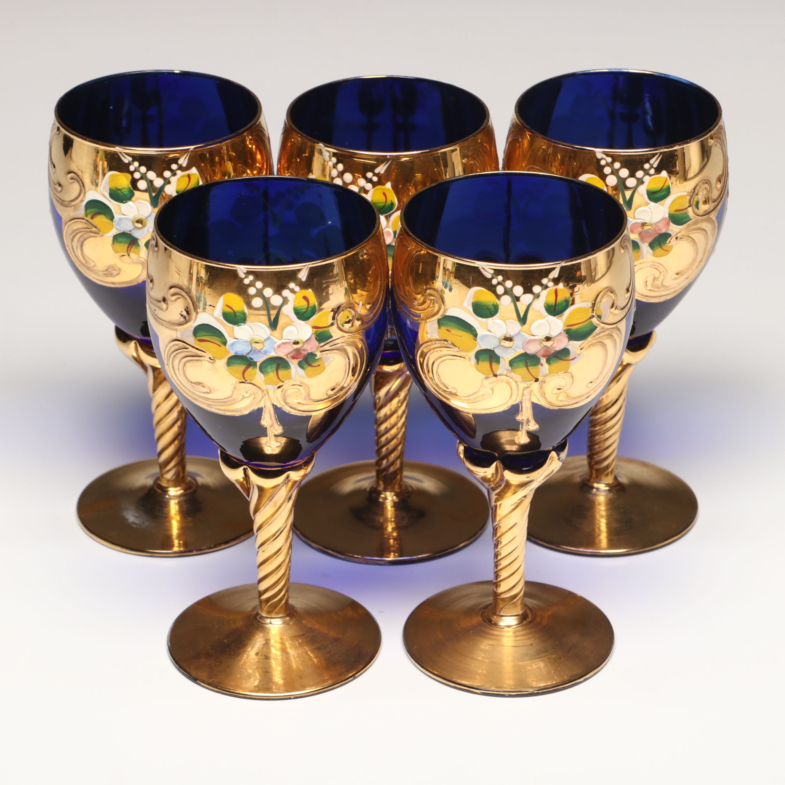 Gilt Decorated Blue Glass Stemware