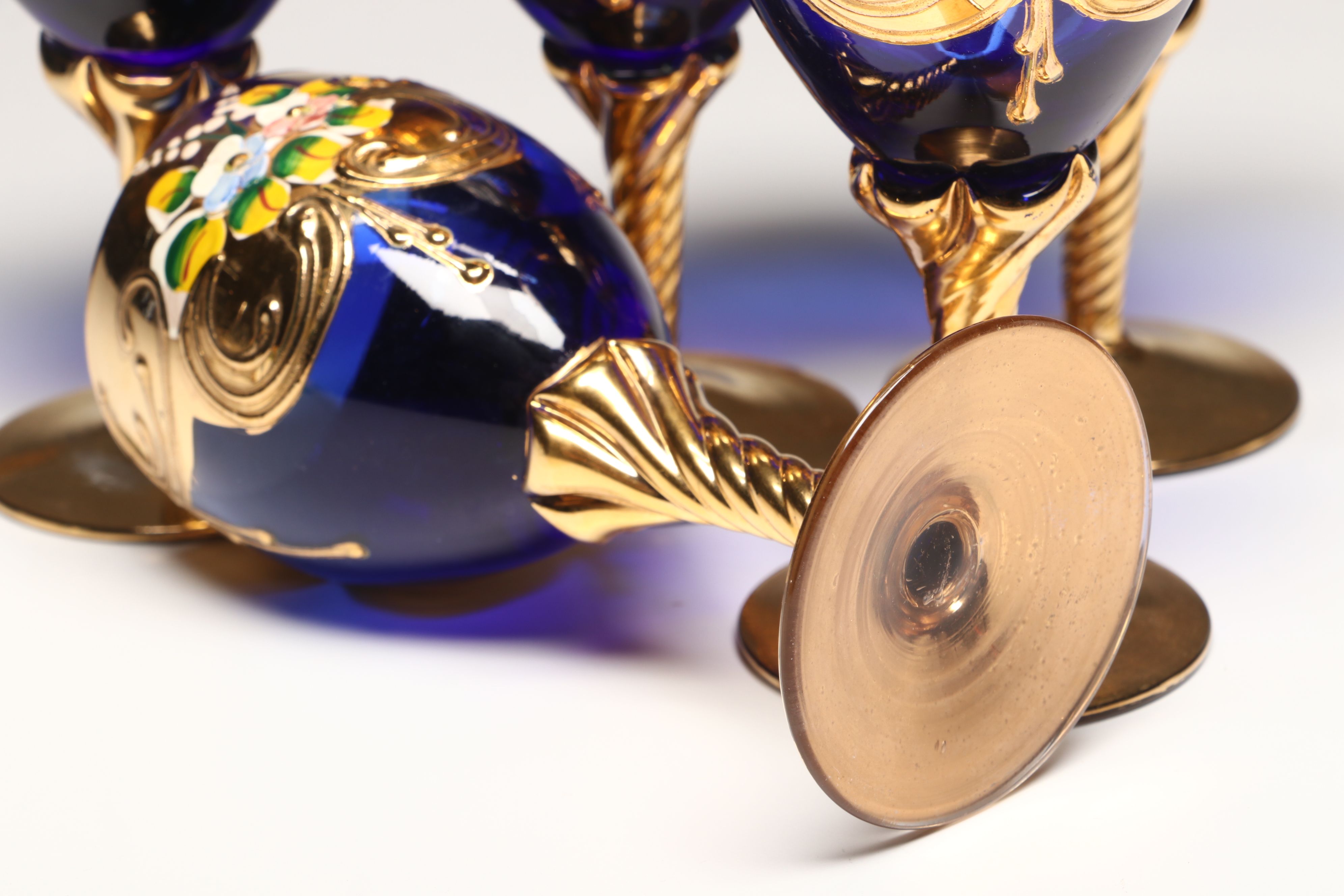 Gilt Decorated Blue Glass Stemware