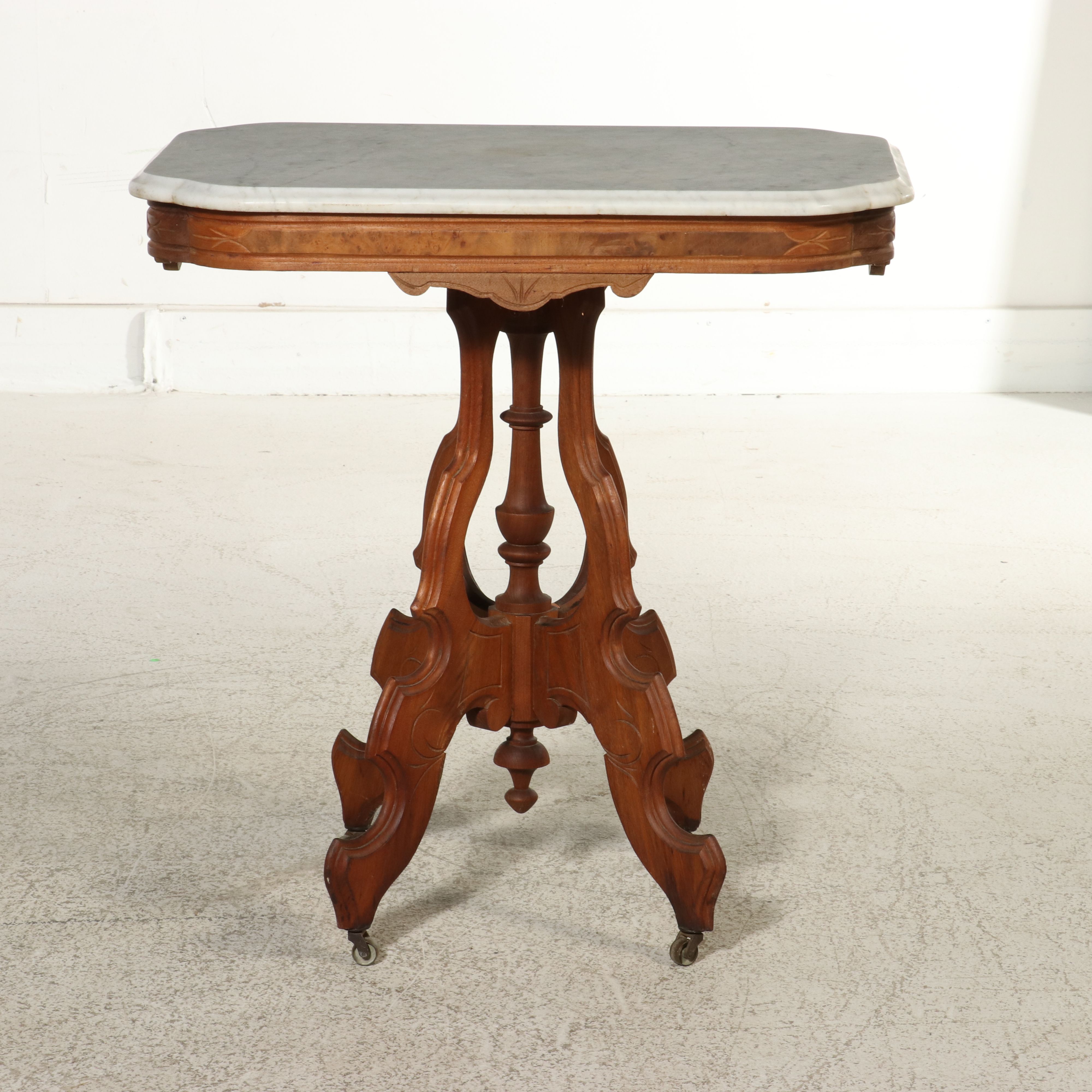 Eastlake Carved Walnut Center Table with Marble Top, 19th Century