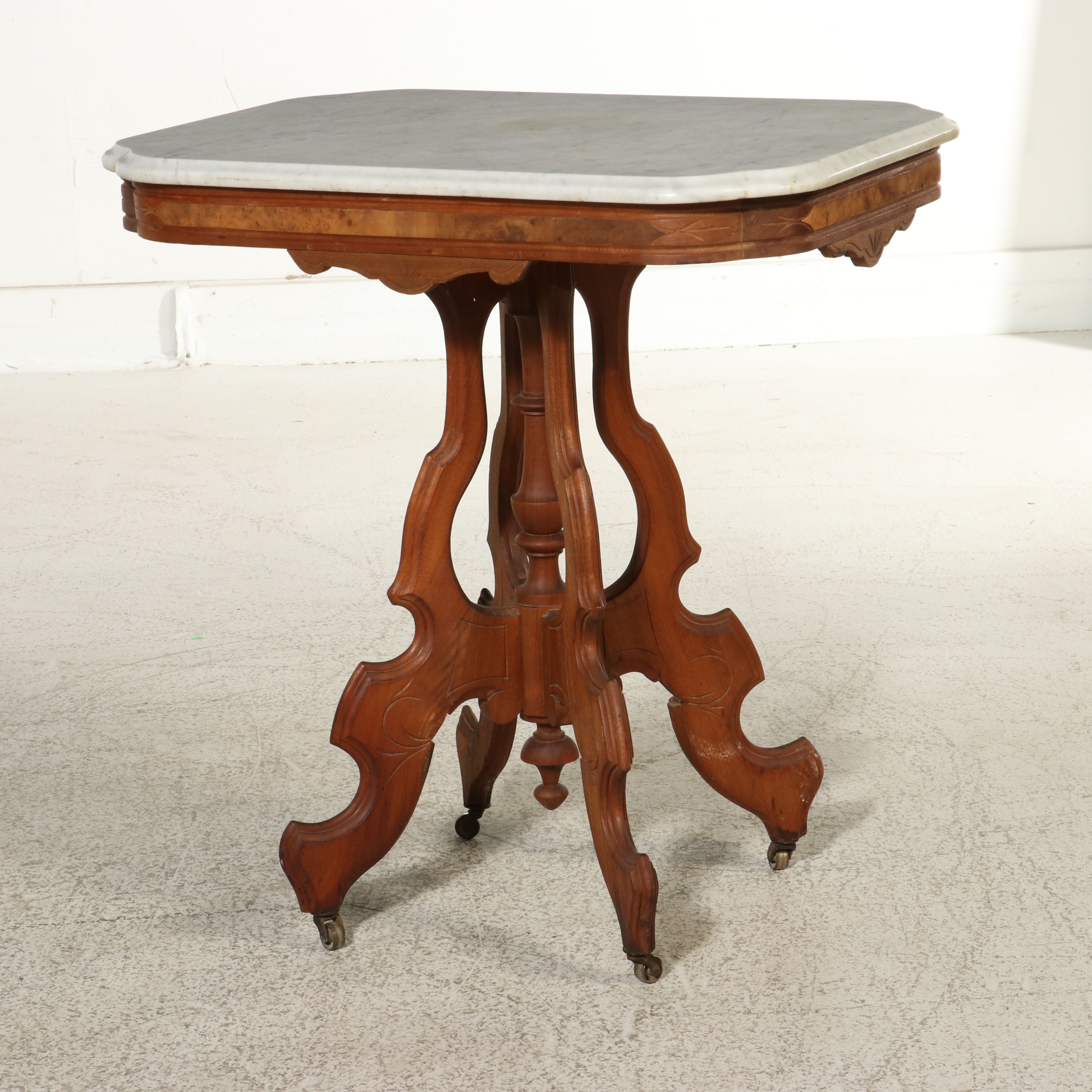 Eastlake Carved Walnut Center Table with Marble Top, 19th Century
