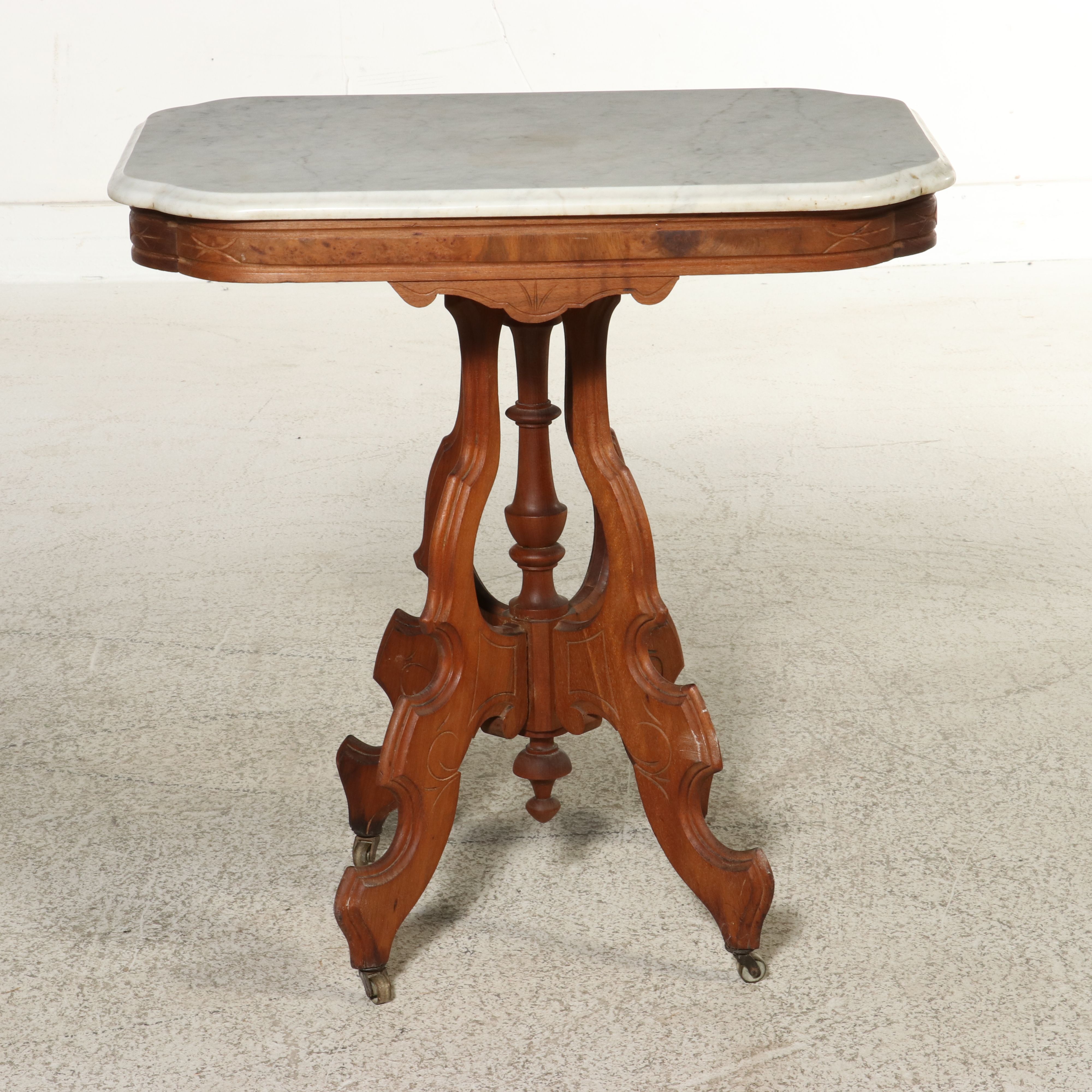 Eastlake Carved Walnut Center Table with Marble Top, 19th Century