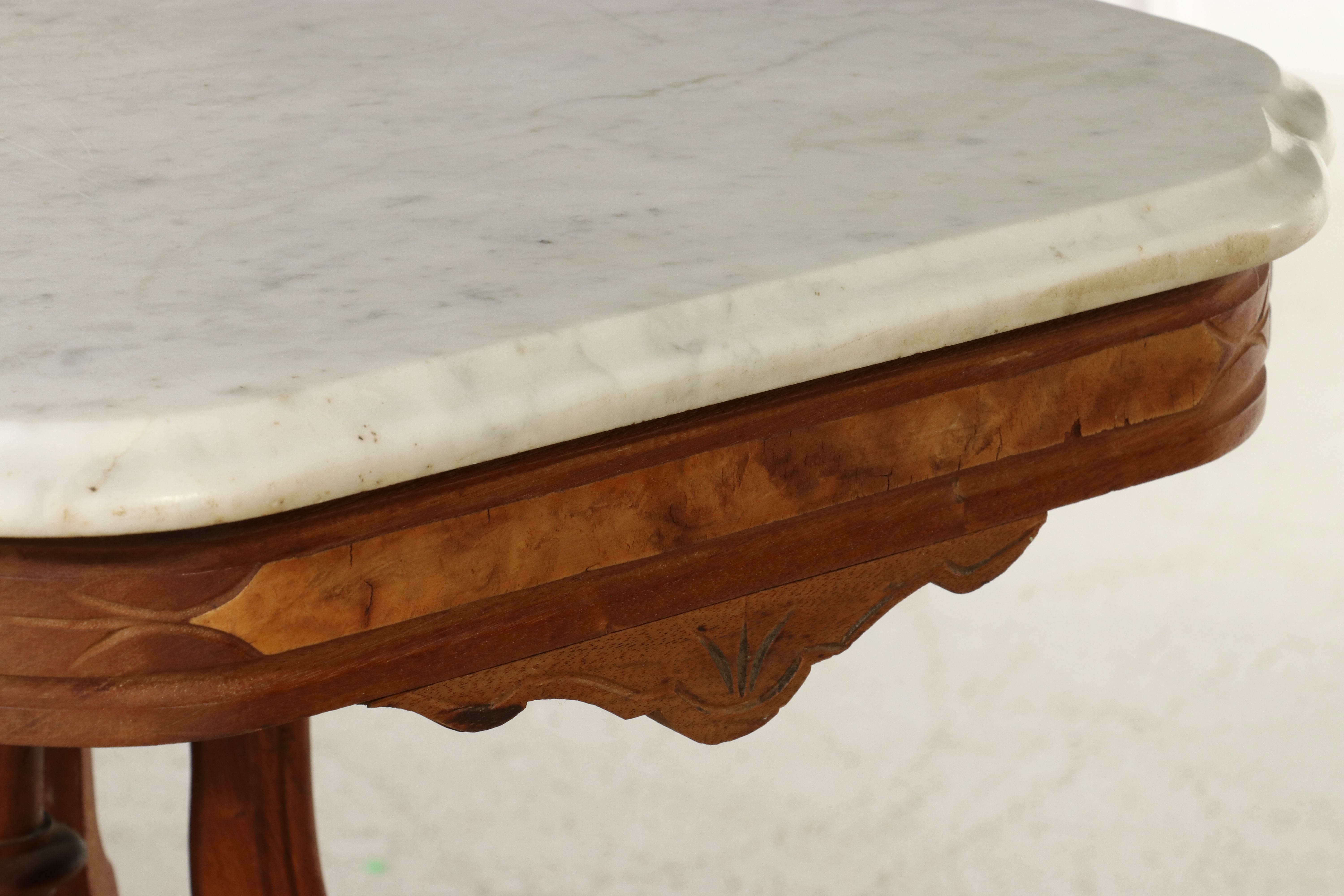 Eastlake Carved Walnut Center Table with Marble Top, 19th Century