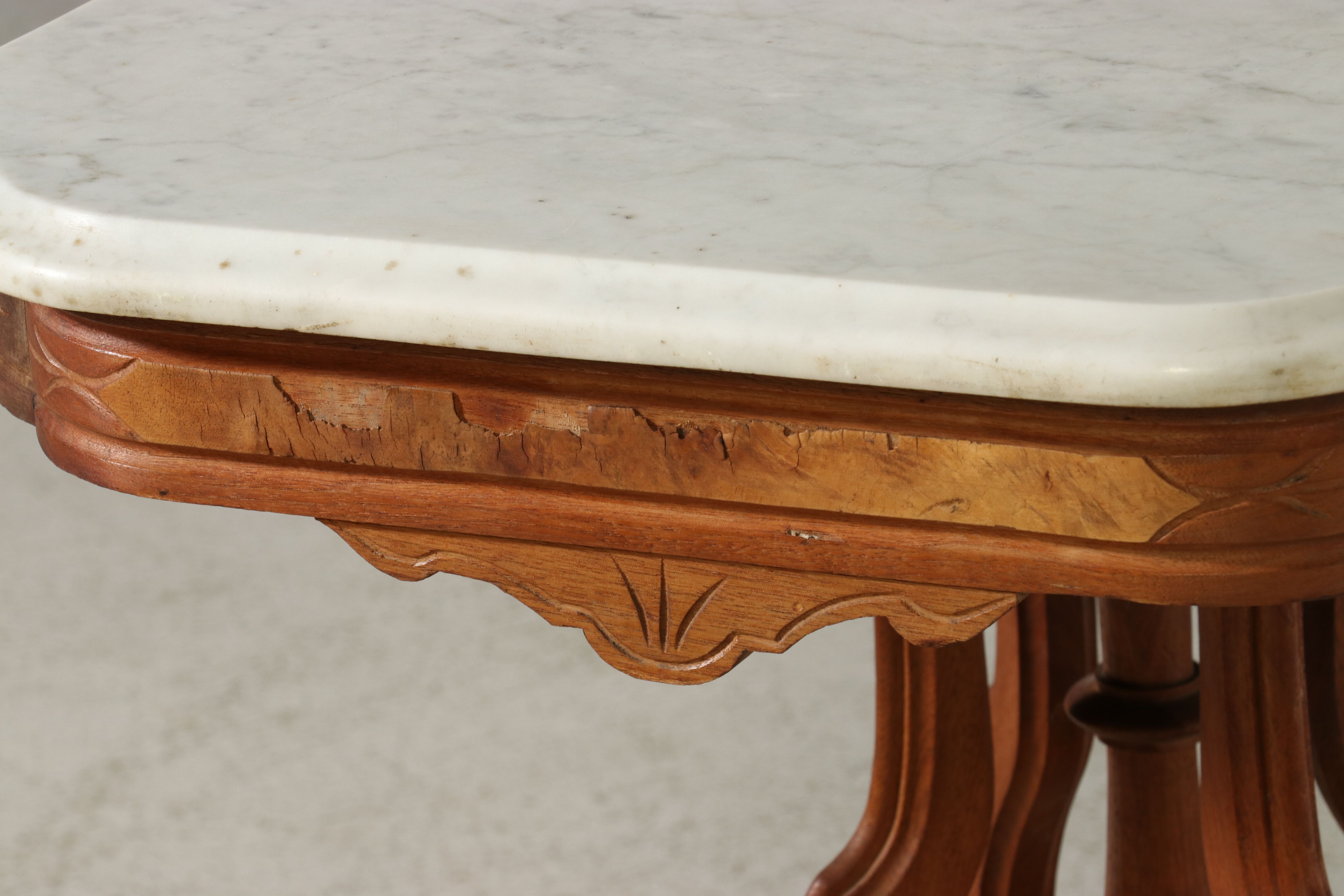 Eastlake Carved Walnut Center Table with Marble Top, 19th Century