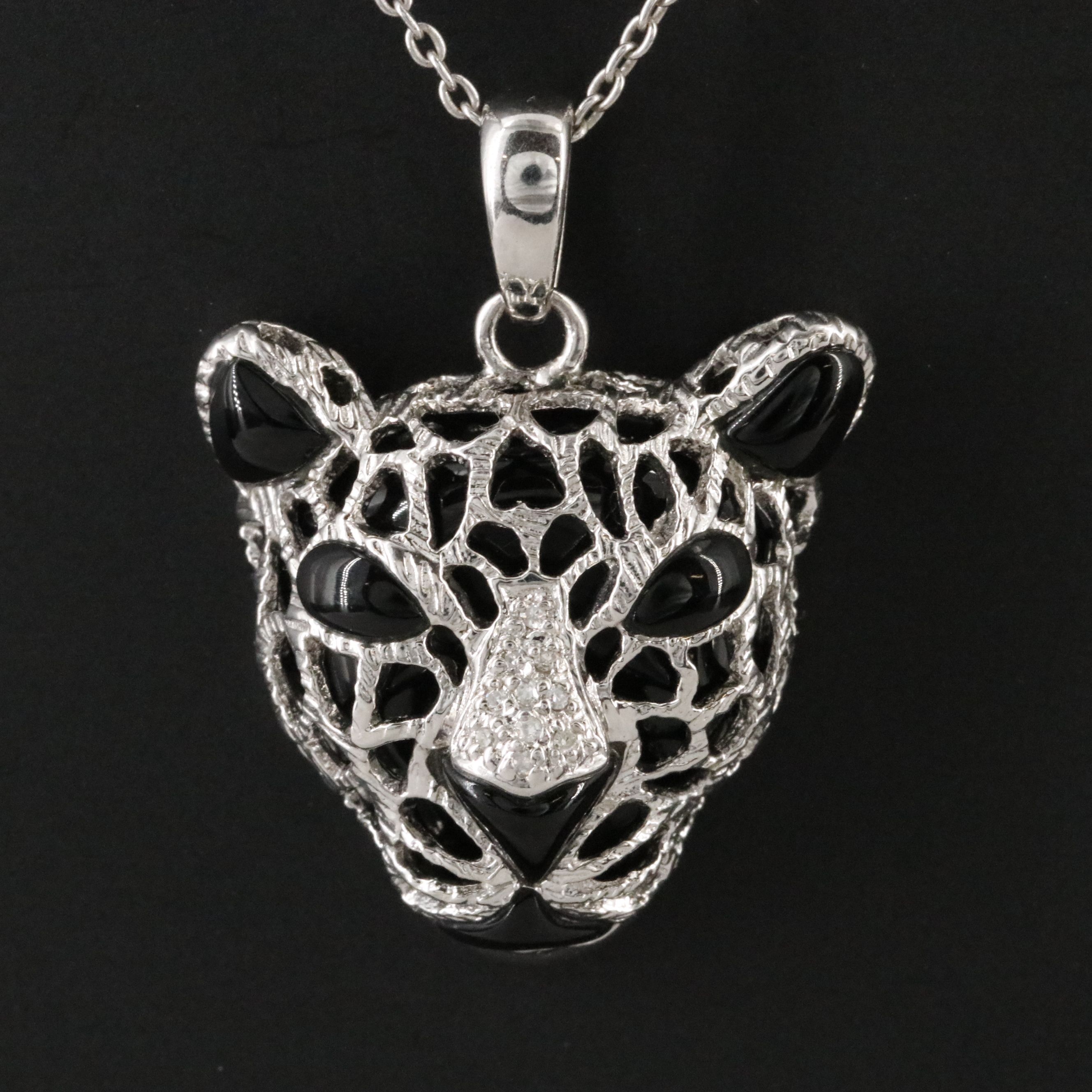 Sterling Jaguar Faux Black Onyx and Diamond Pendant Necklace