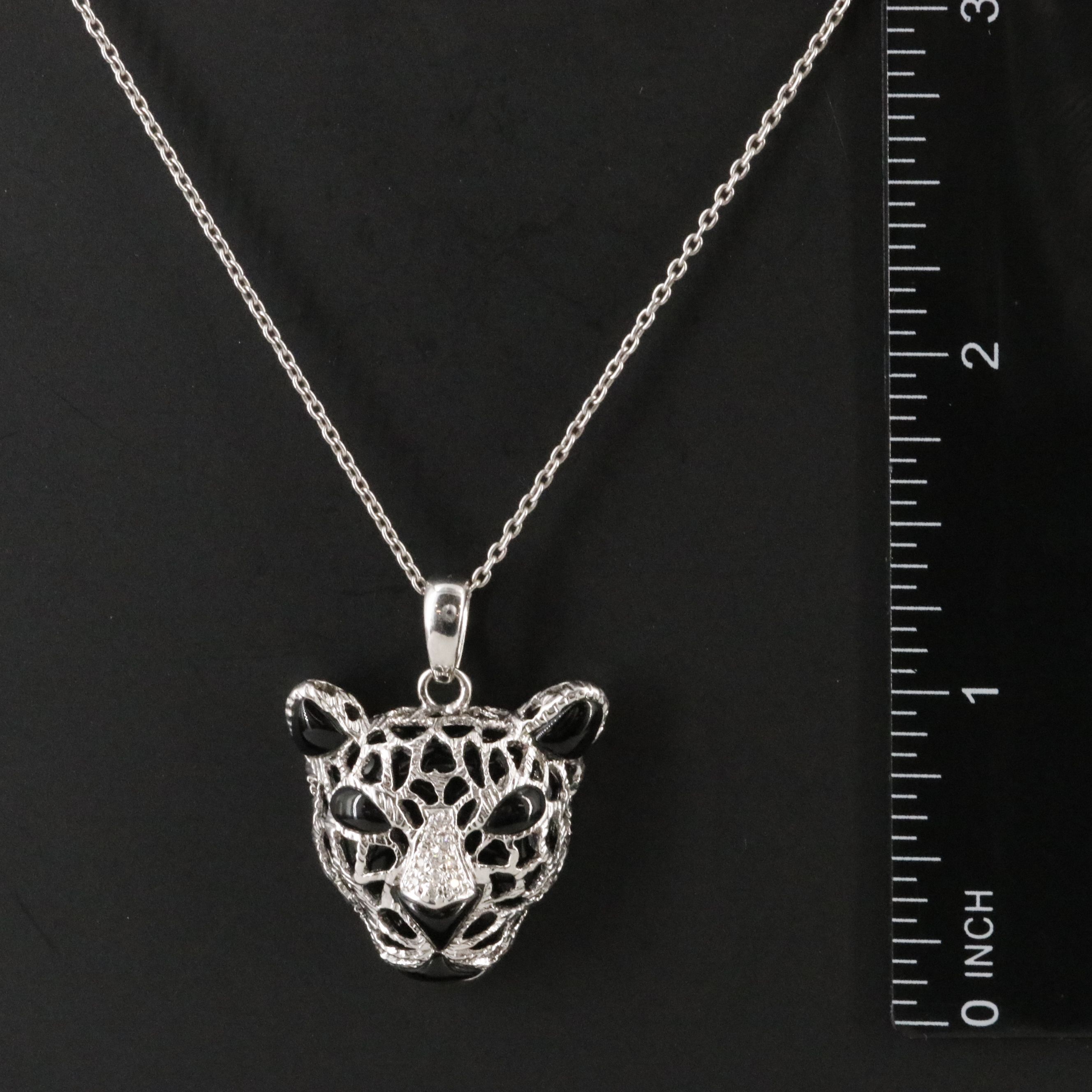 Sterling Jaguar Faux Black Onyx and Diamond Pendant Necklace
