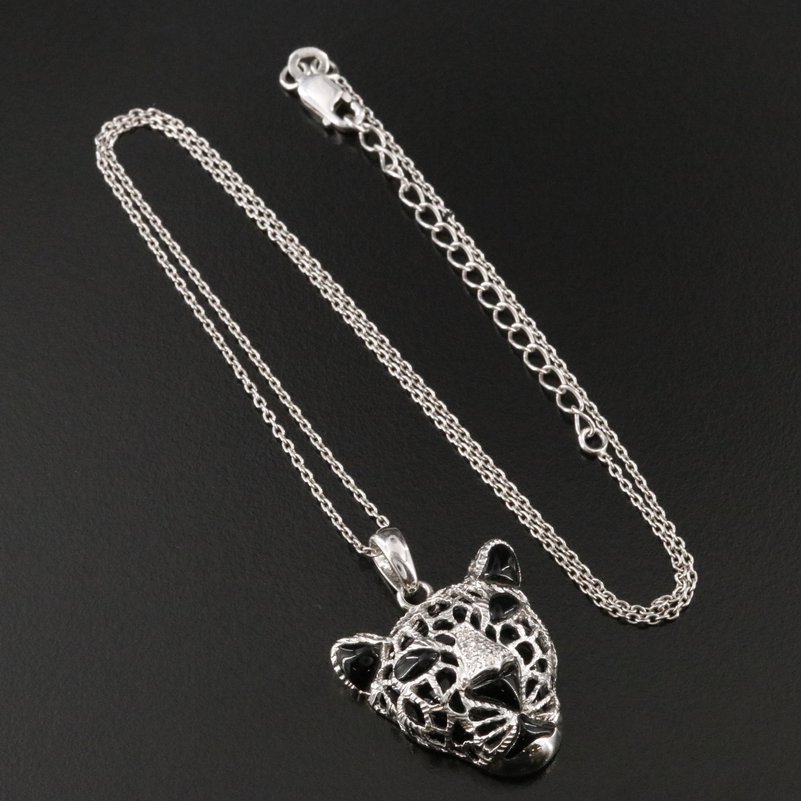 Sterling Jaguar Faux Black Onyx and Diamond Pendant Necklace