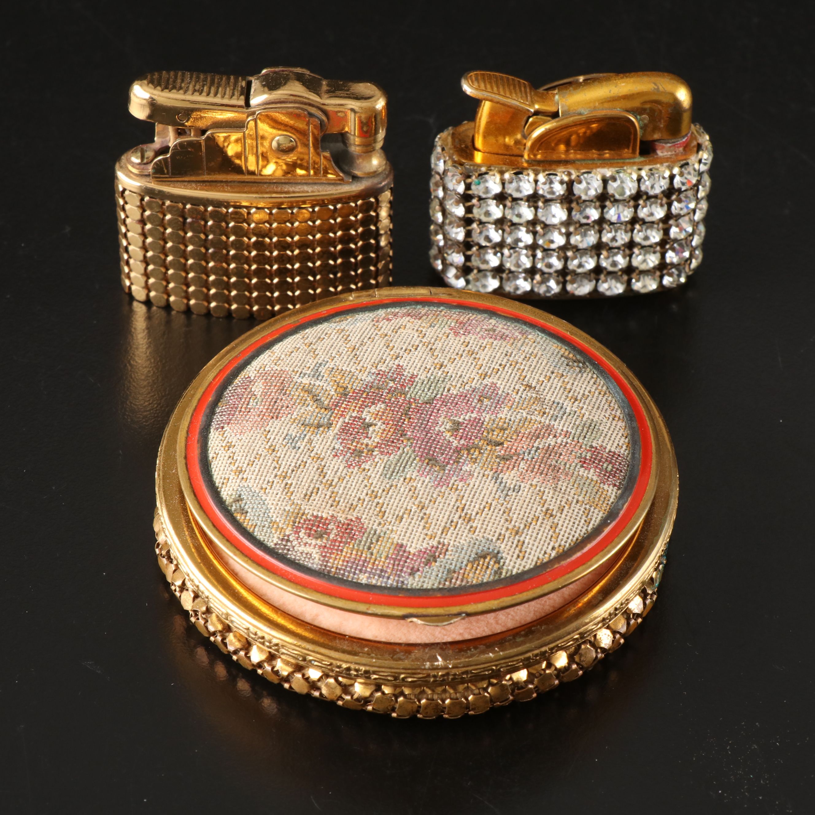 Jeweled and Other Vintage Metal Lighter with Mesh Compact, Mid-20th Century
