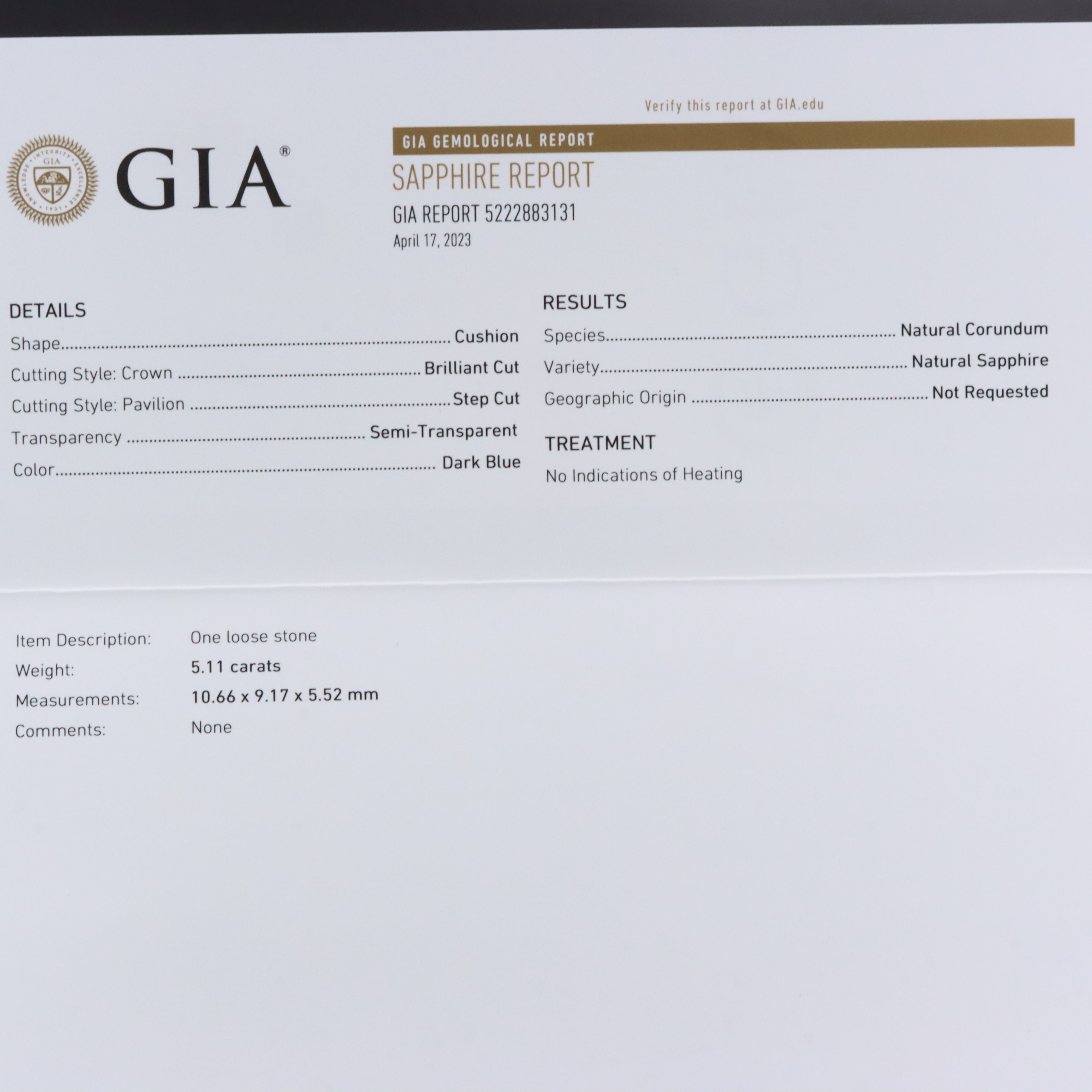 Platinum 5.11 CT Unheated Sapphire and 1.62 CTW Diamond Ring with GIA Report