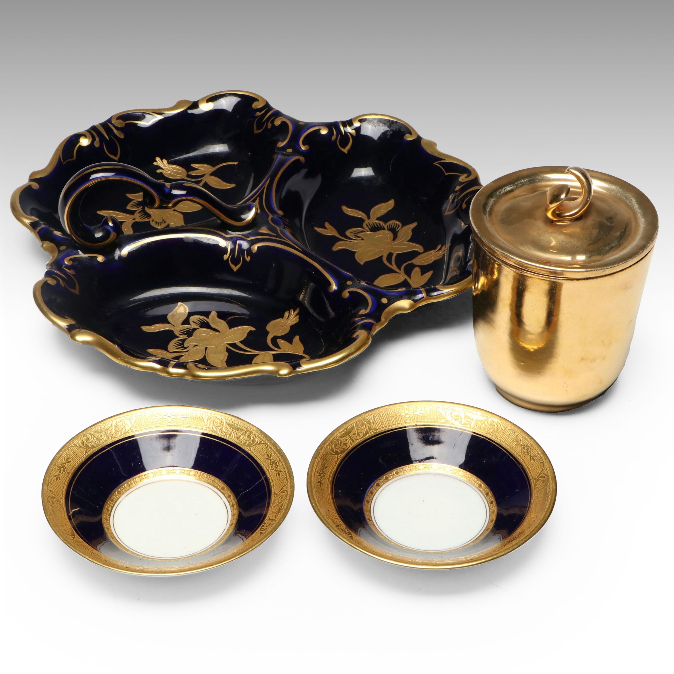 Graf Von Henneberg Handled Relish Tray with More Cobalt and Gilt Porcelain