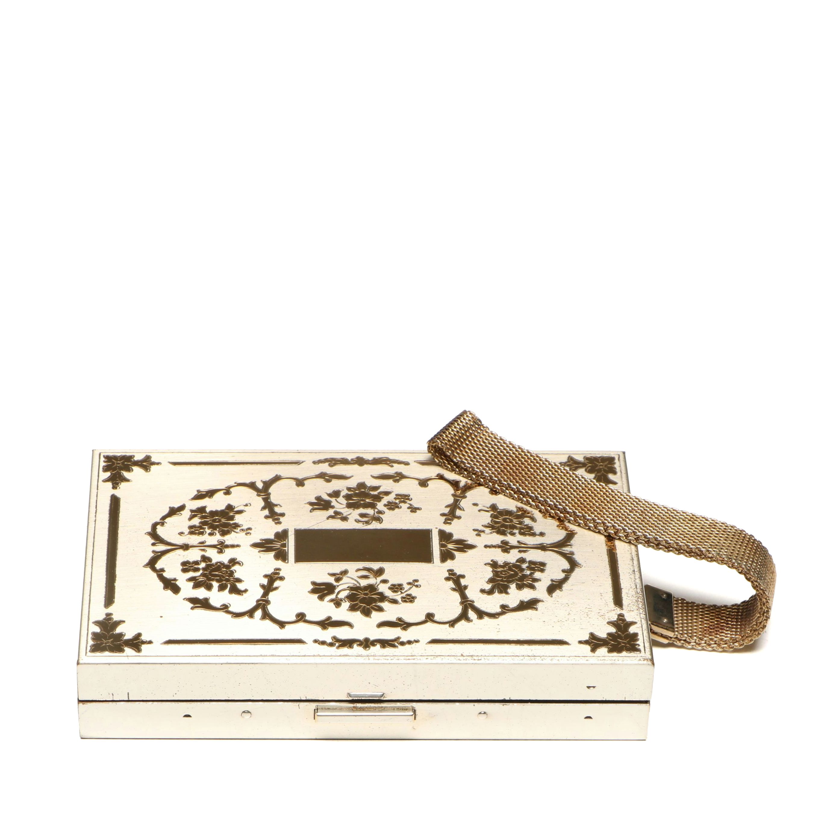 Floral Two Tone Metal Compact and Cigarette Case with Strap, 1950s
