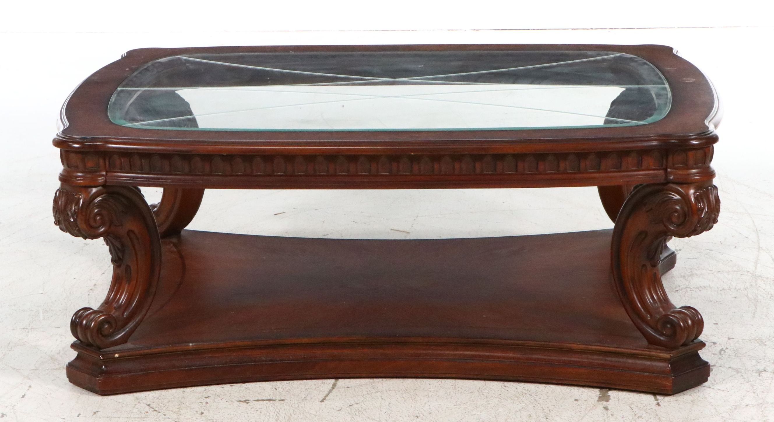 Ornate Rococo Style Mahogany Coffee Table with Beveled Glass Top