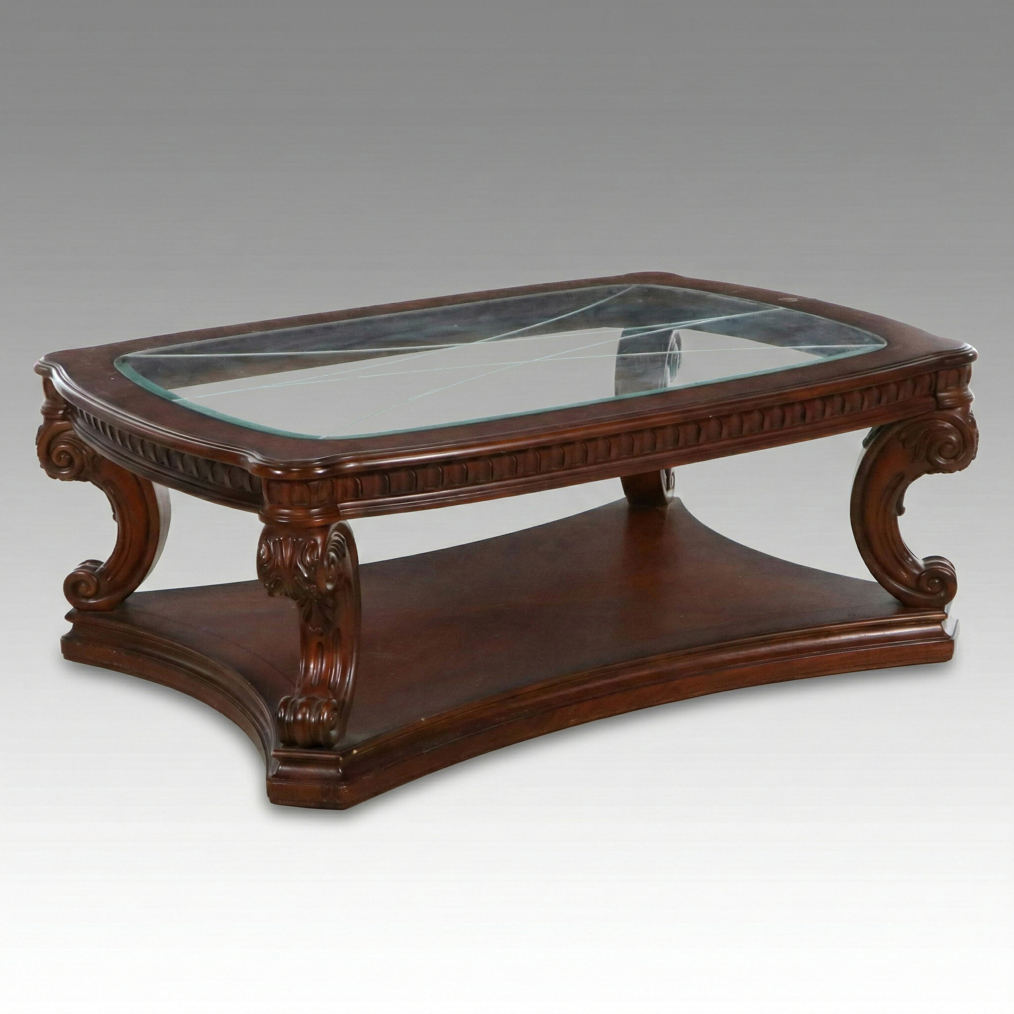 Ornate Rococo Style Mahogany Coffee Table with Beveled Glass Top