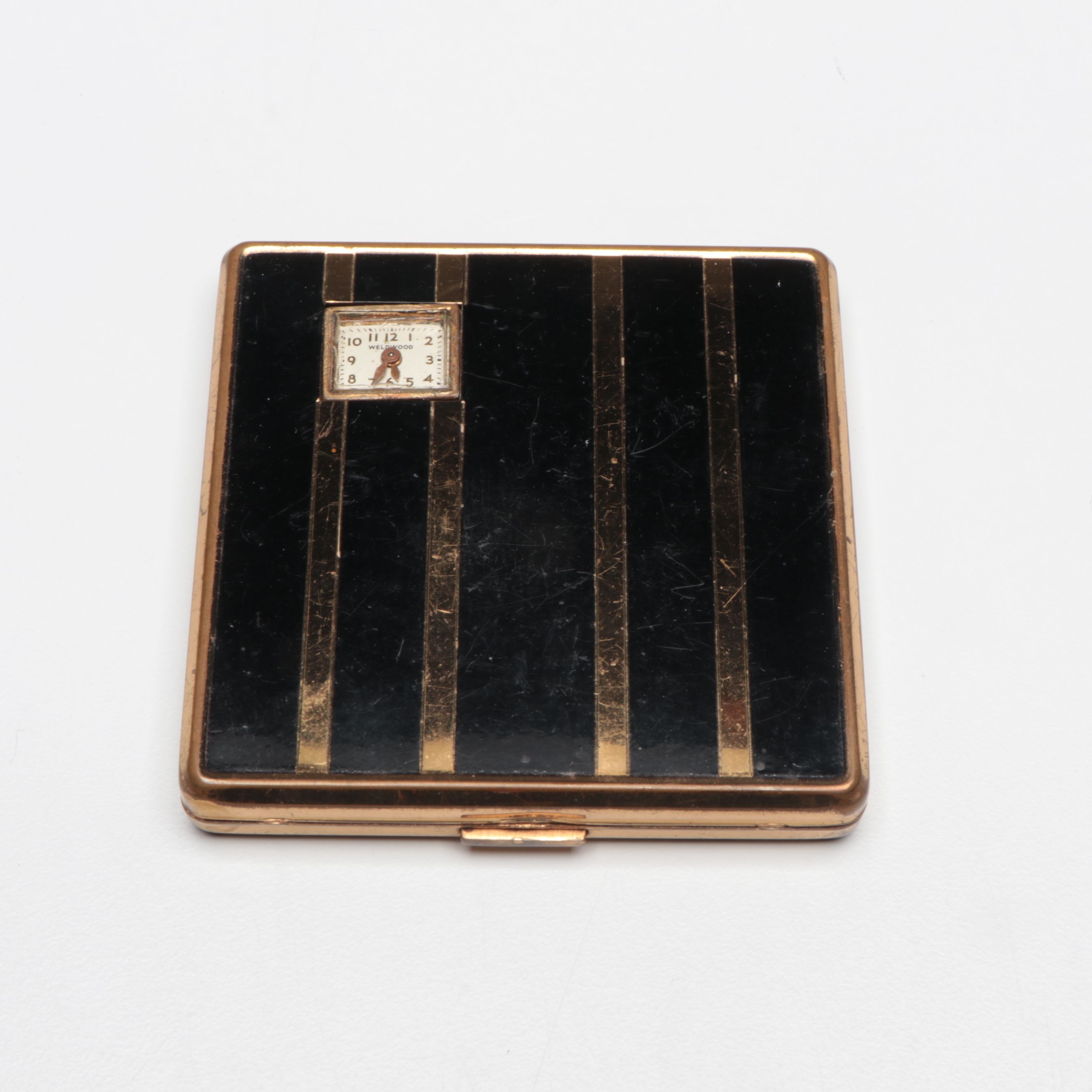Weldwood Striped Clock Compact with Other Suitcase-Shaped Compact, Circa 1950s