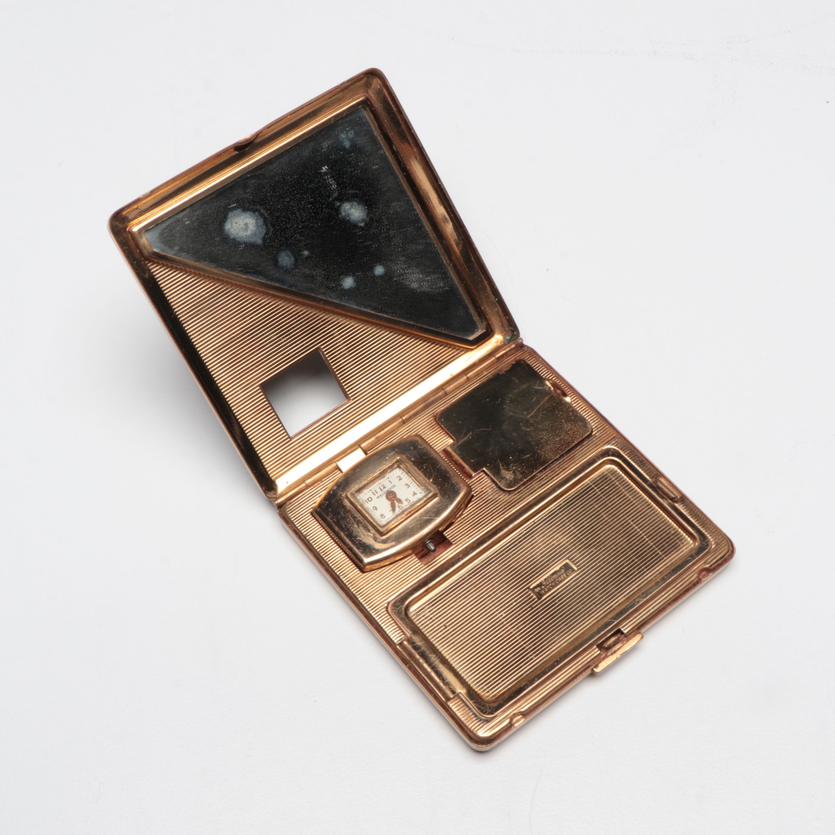 Weldwood Striped Clock Compact with Other Suitcase-Shaped Compact, Circa 1950s