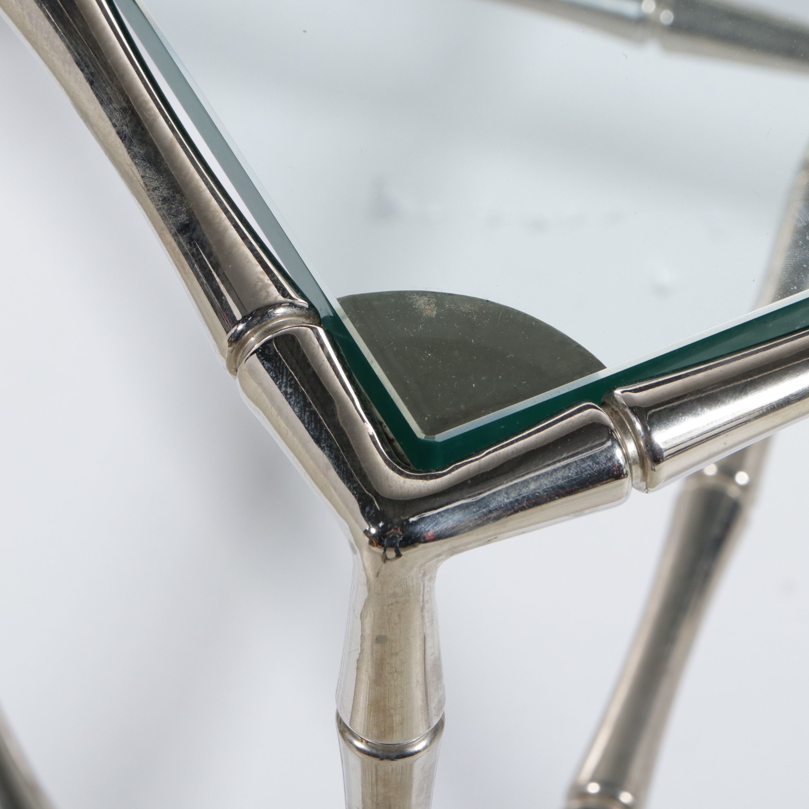 Hollywood Regency Faux-Bamboo Chrome and Glass Side Table