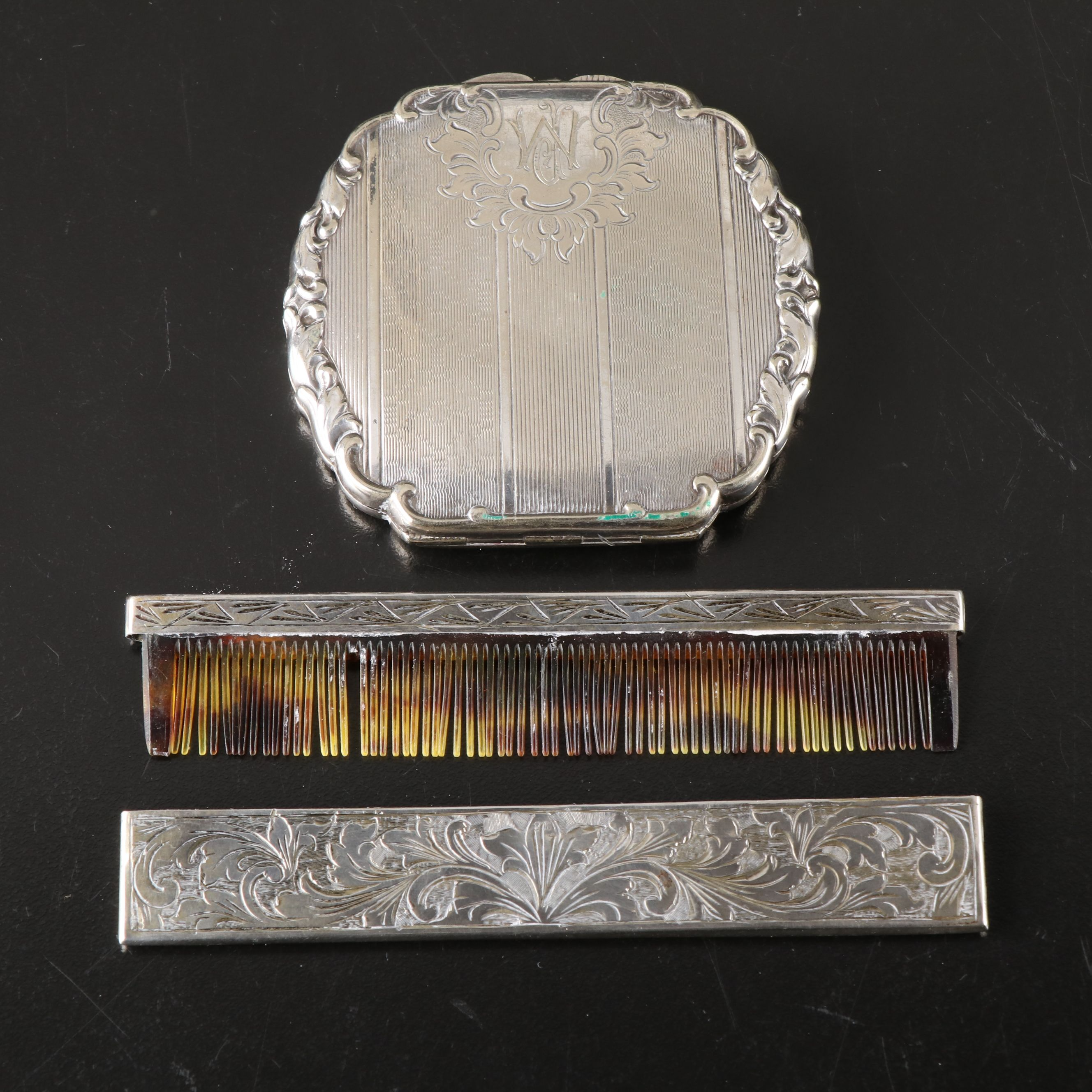800 Silver Etched Comb with Sleeve and Kraft Alpacca Compact