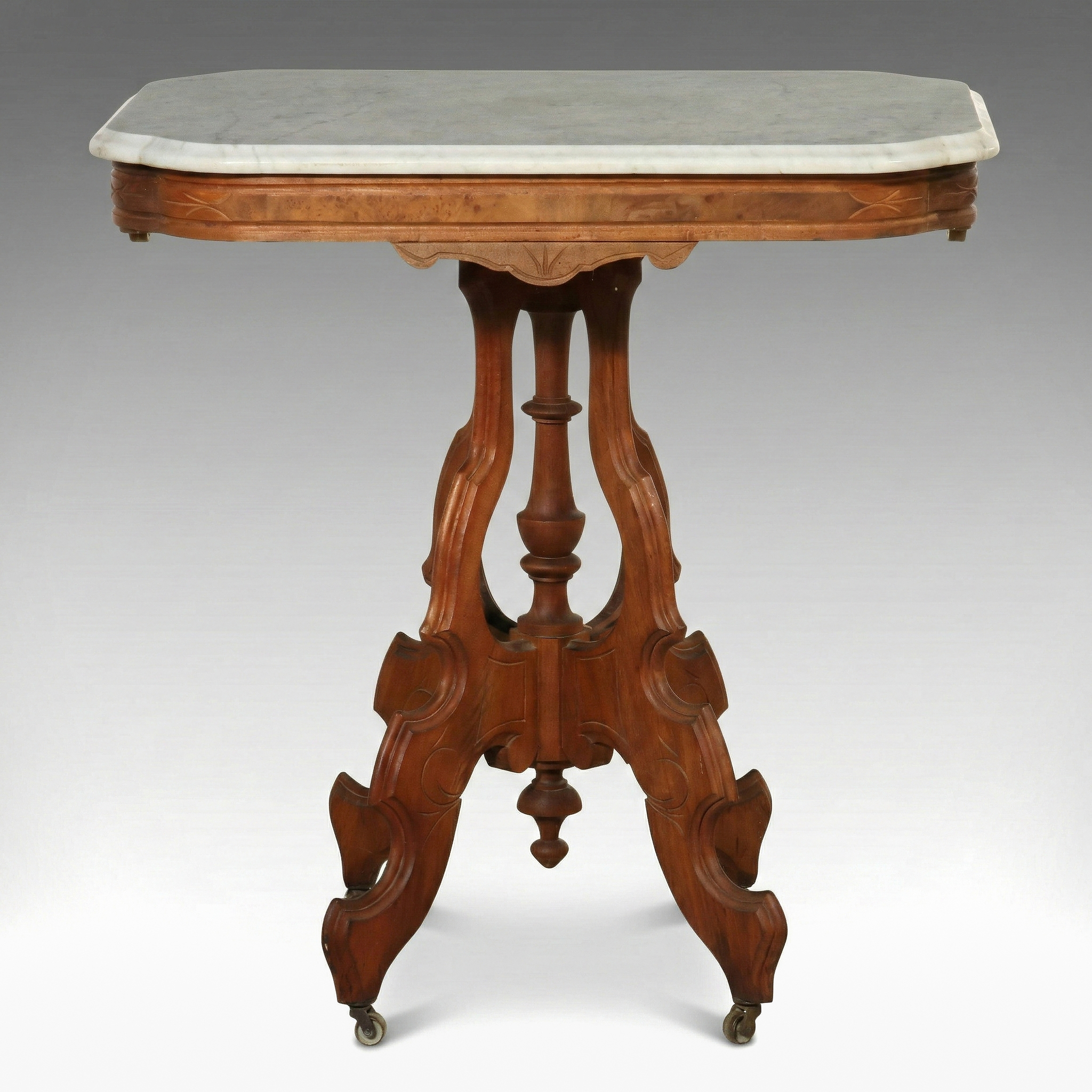 Eastlake Carved Walnut Center Table with Marble Top, 19th Century