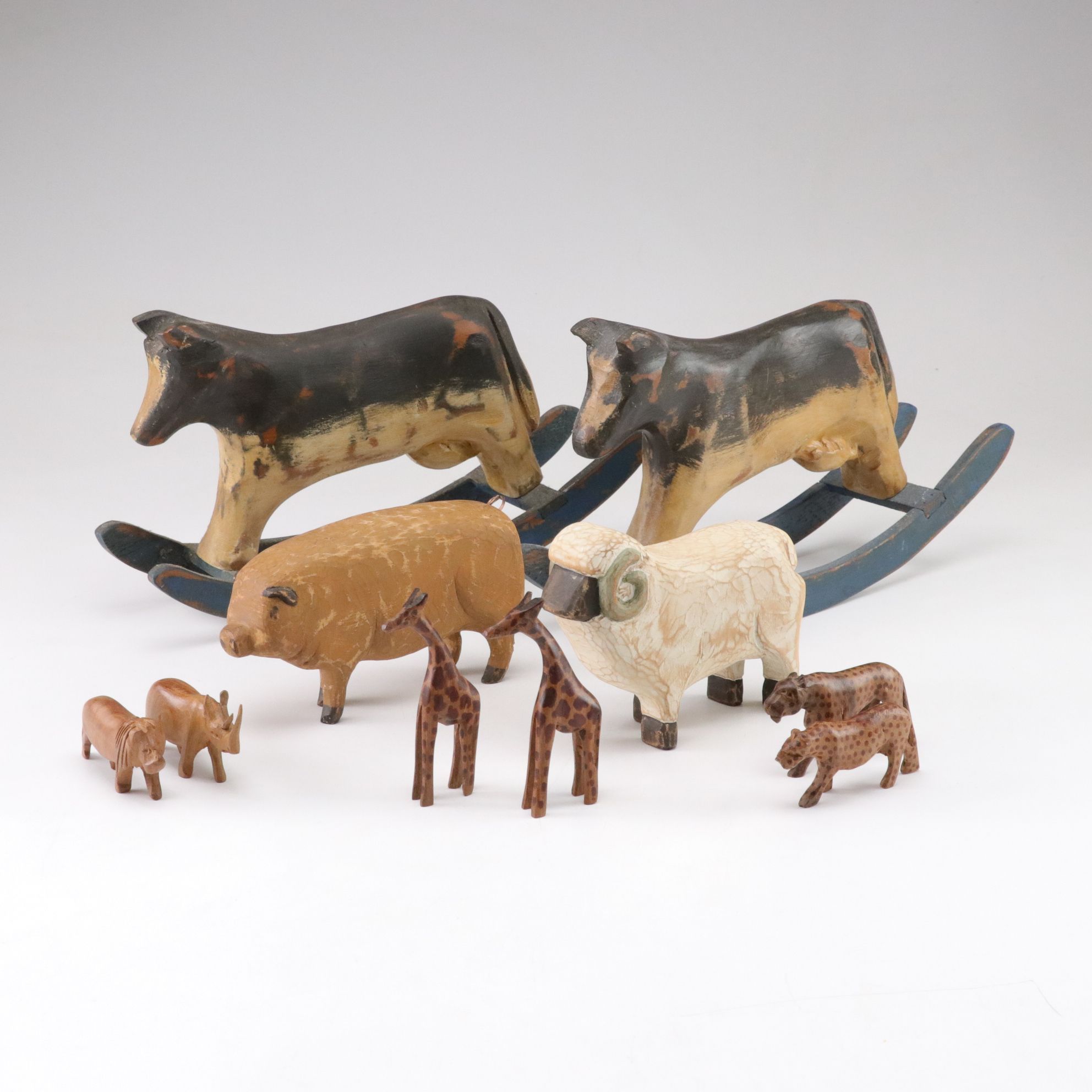 Hand-Carved Wood Farm and African Animal Figurines
