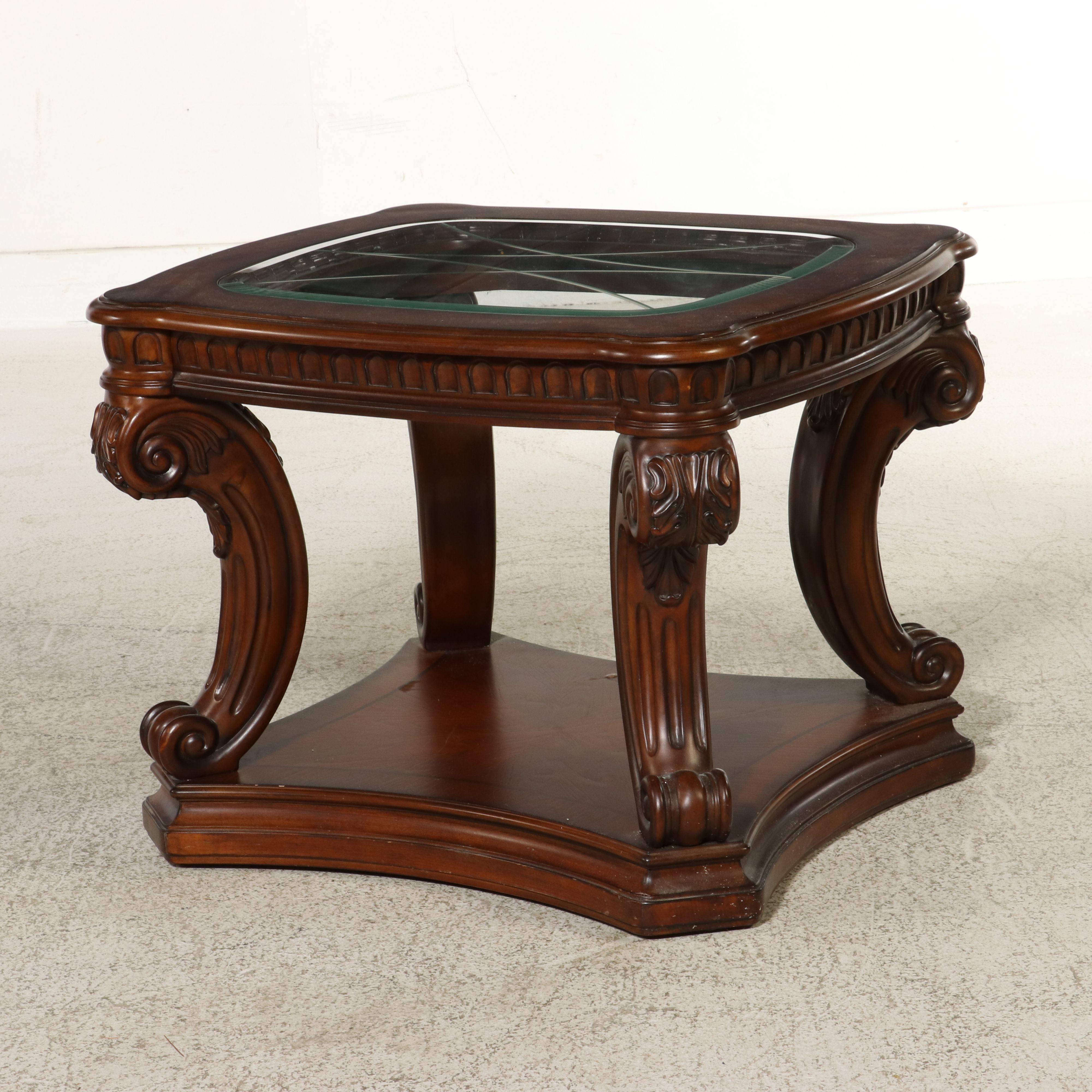 Pair of Thomasville Regency Revival Carved Mahogany Glass Top End Table