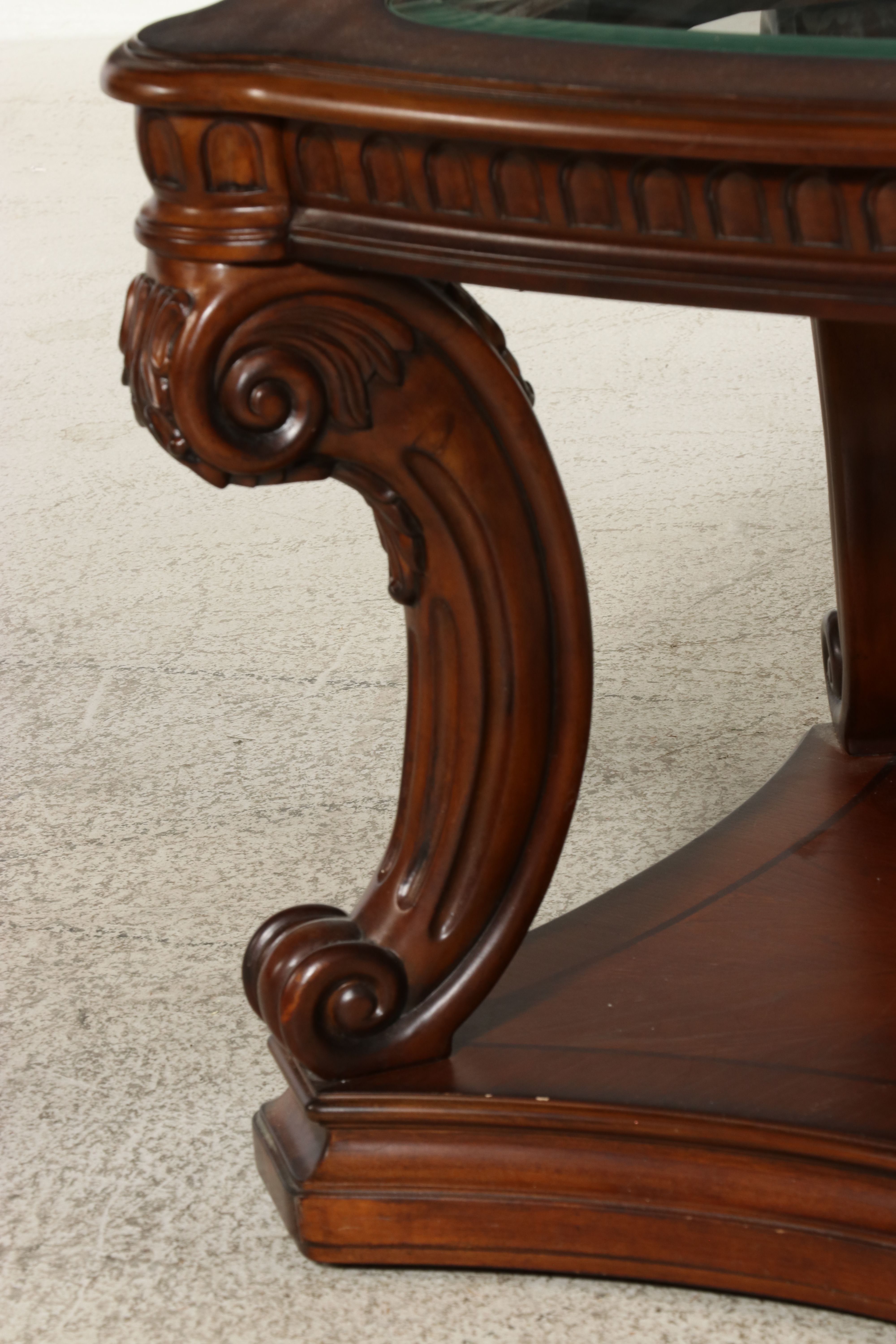 Pair of Thomasville Regency Revival Carved Mahogany Glass Top End Table