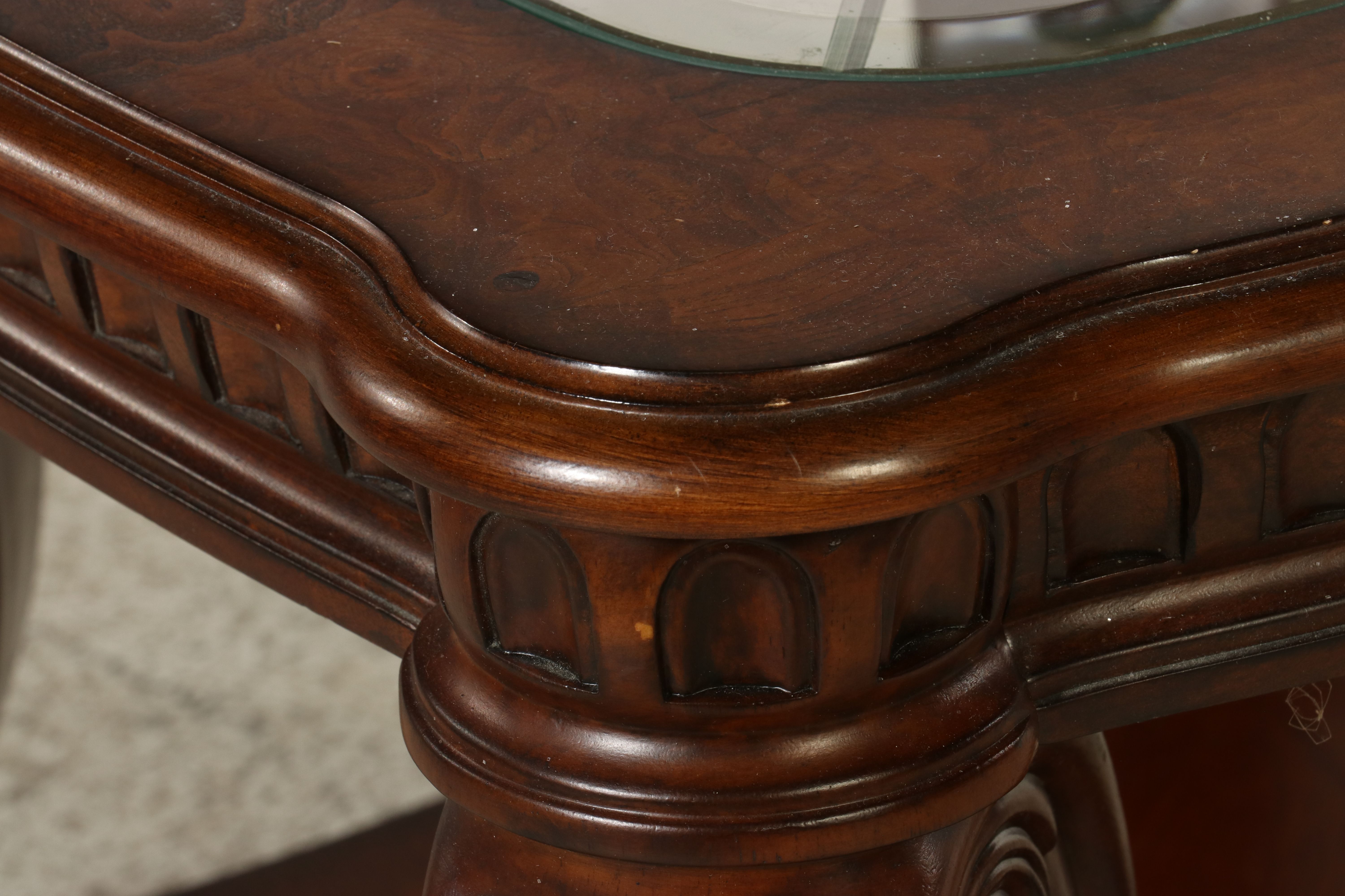 Pair of Thomasville Regency Revival Carved Mahogany Glass Top End Table