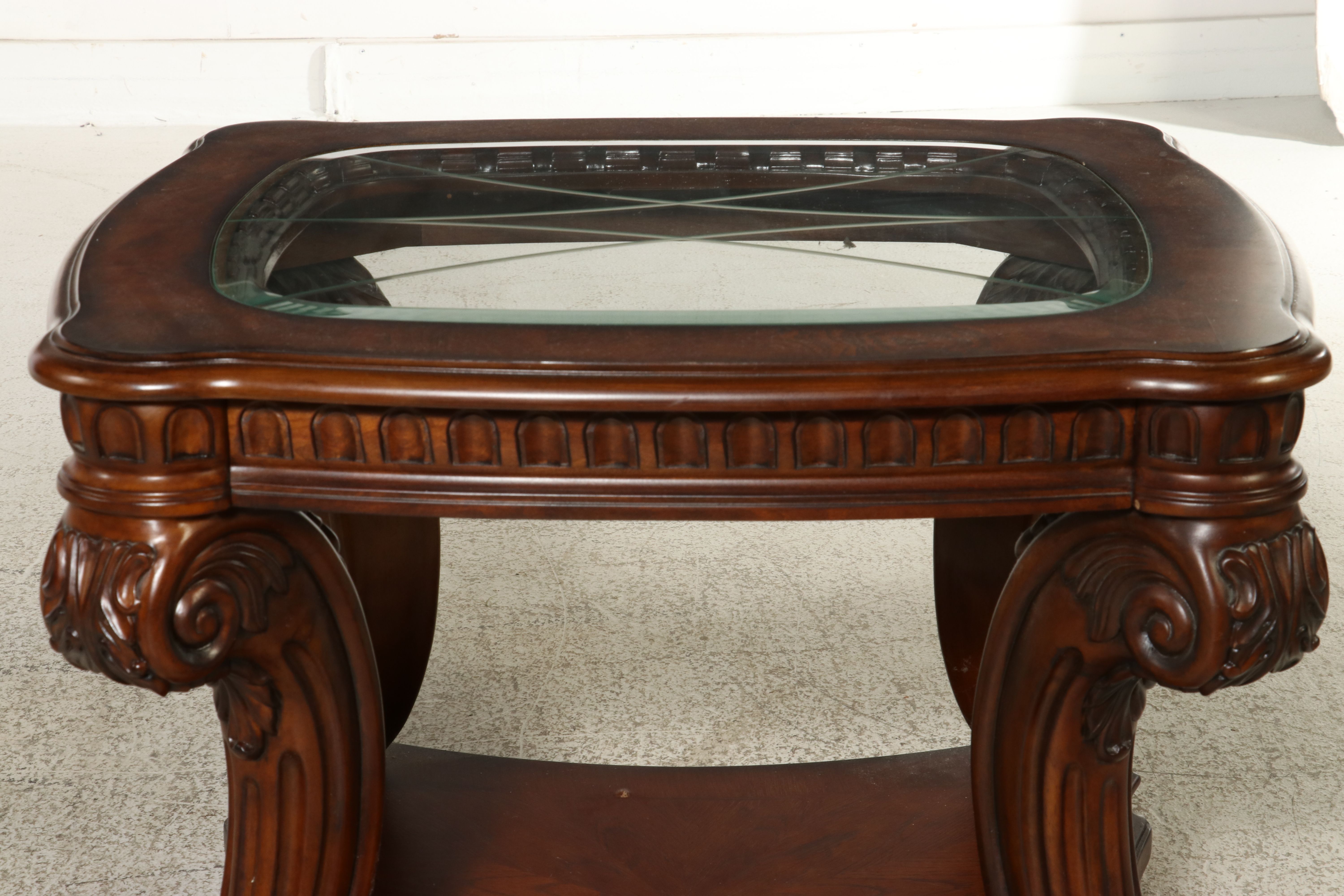 Pair of Thomasville Regency Revival Carved Mahogany Glass Top End Table