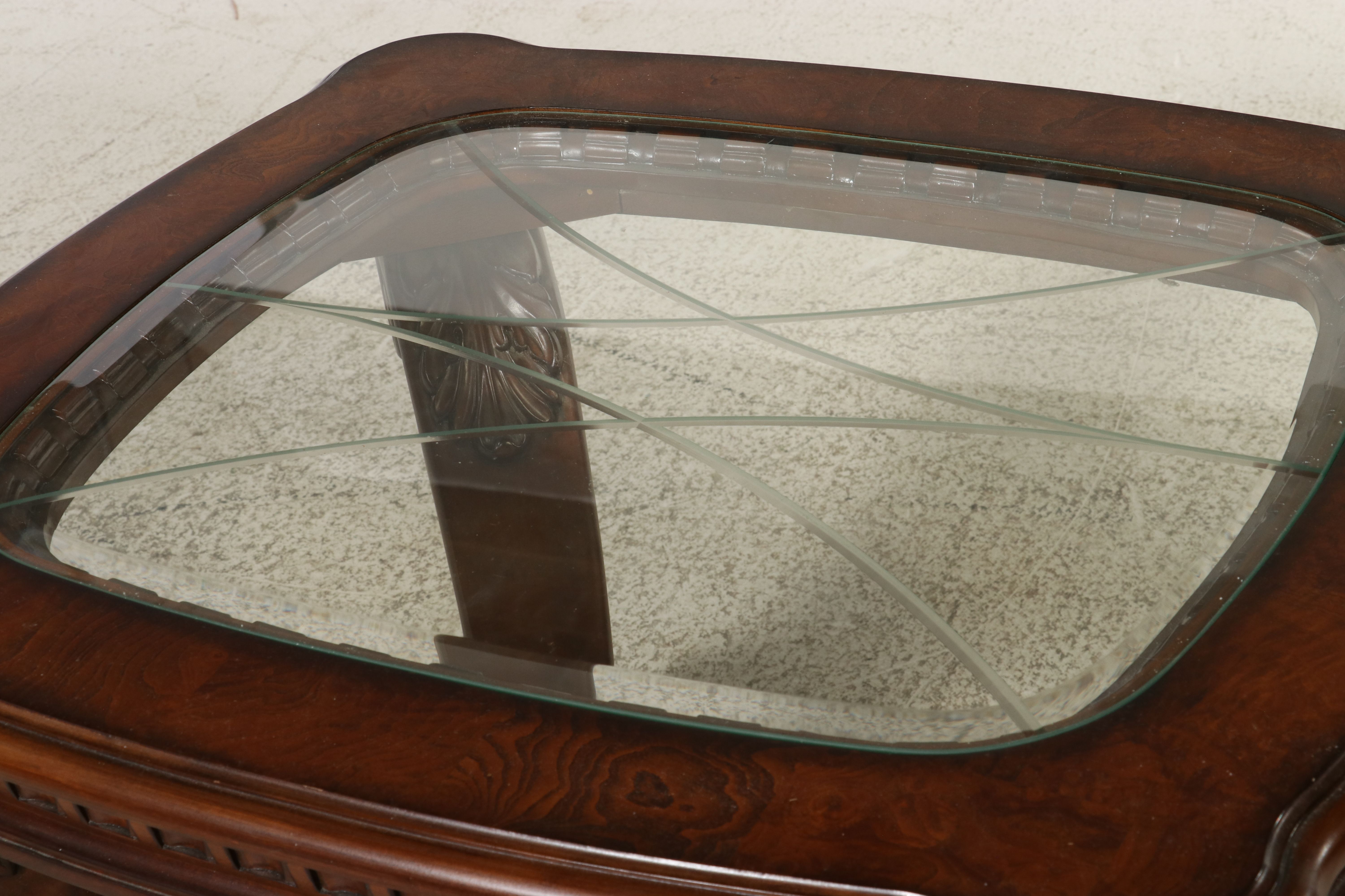 Pair of Thomasville Regency Revival Carved Mahogany Glass Top End Table