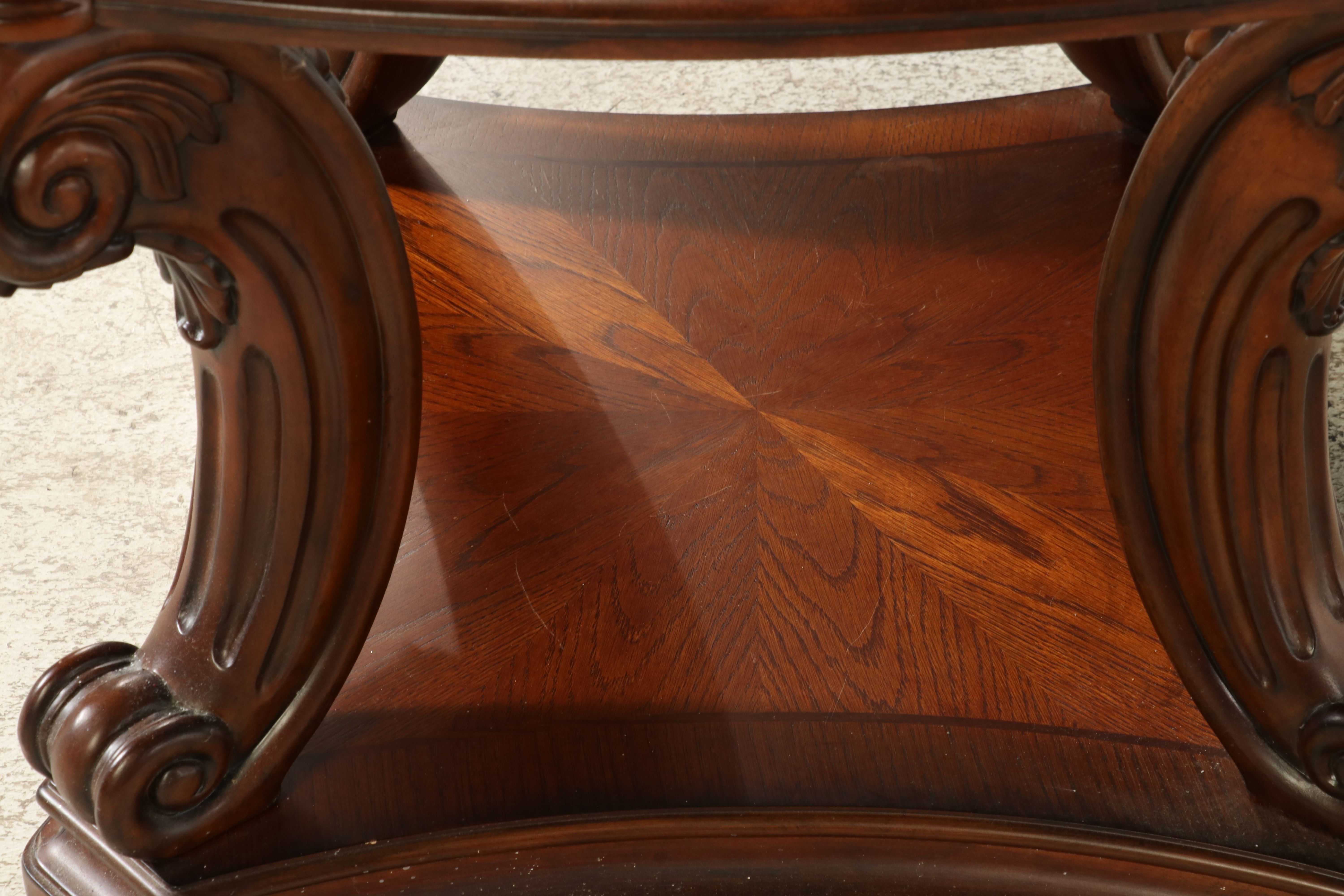 Pair of Thomasville Regency Revival Carved Mahogany Glass Top End Table