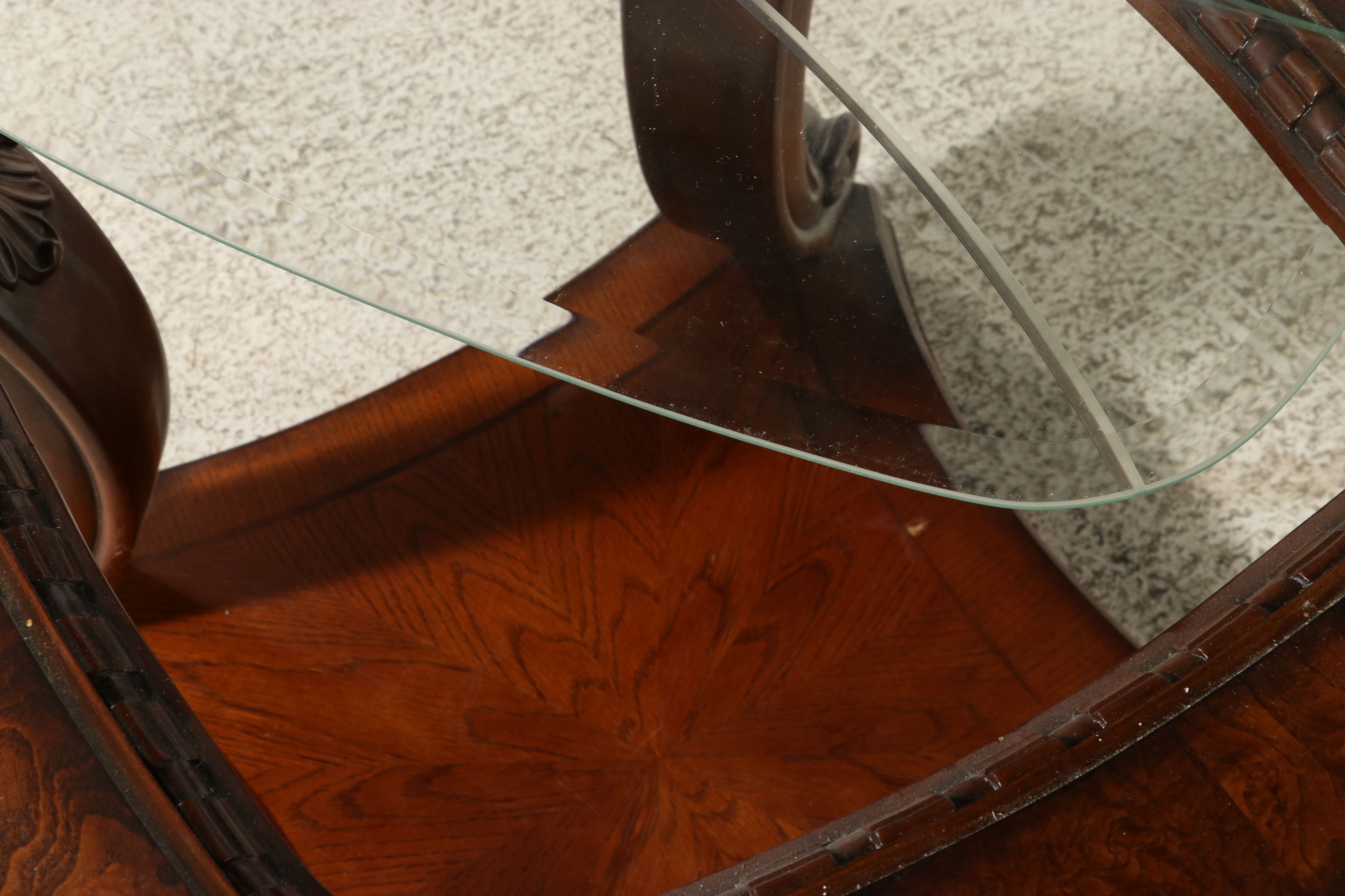 Pair of Thomasville Regency Revival Carved Mahogany Glass Top End Table