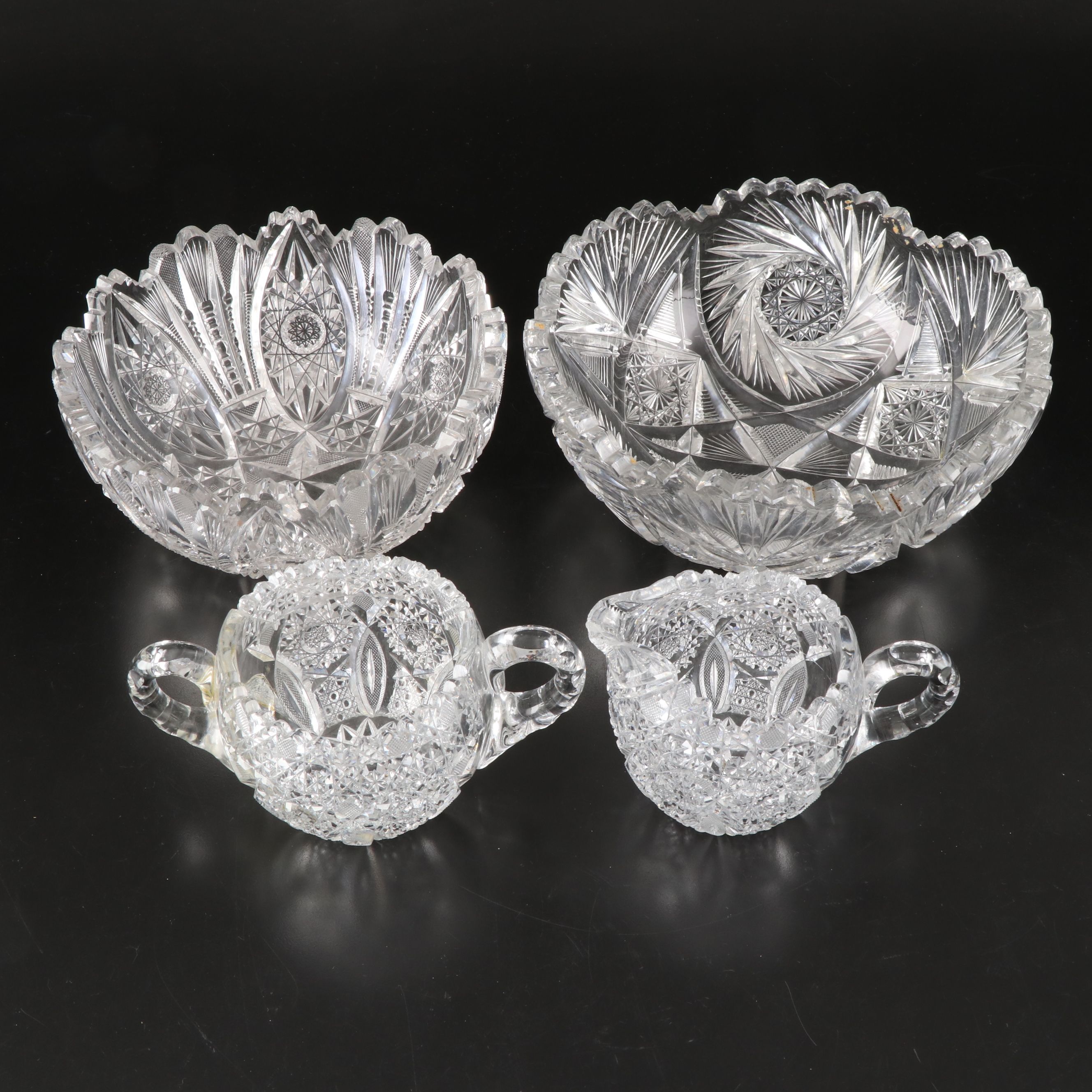 American Brilliant Cut Glass Bowls and Creamer and Sugar Servers
