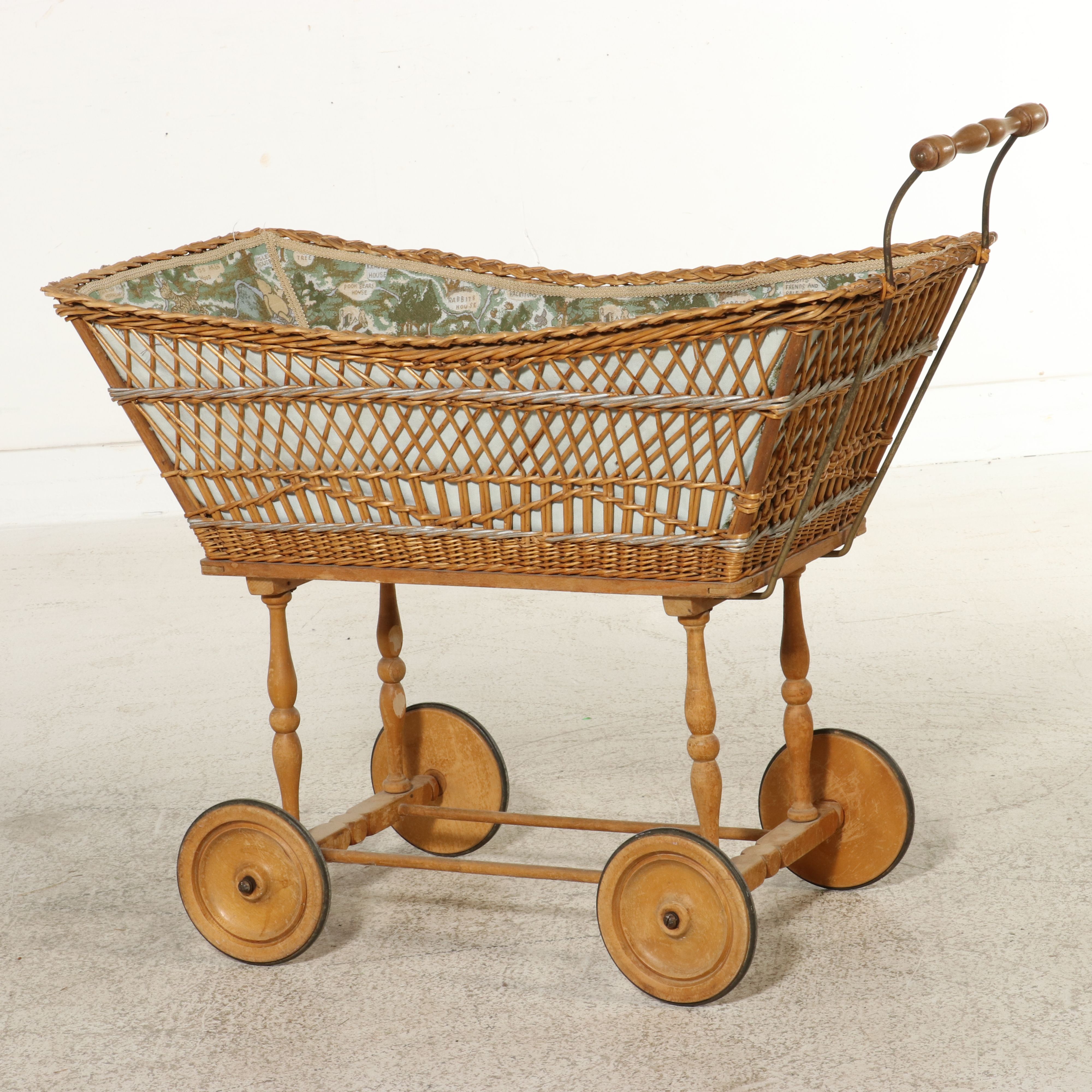 Victorian-Style Wicker Baby Carriage with "Winnie the Pooh" Tapestry Lining