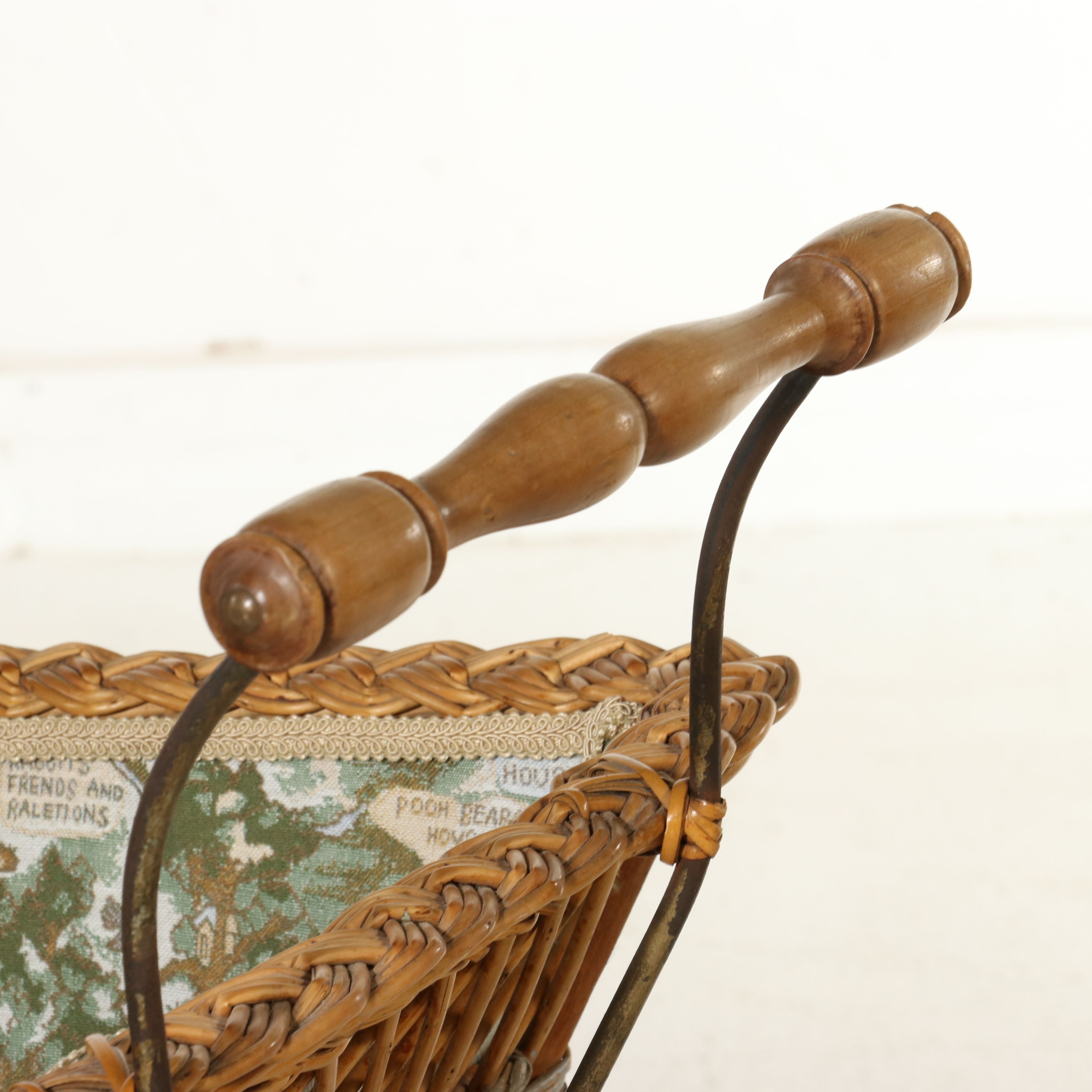 Victorian-Style Wicker Baby Carriage with "Winnie the Pooh" Tapestry Lining