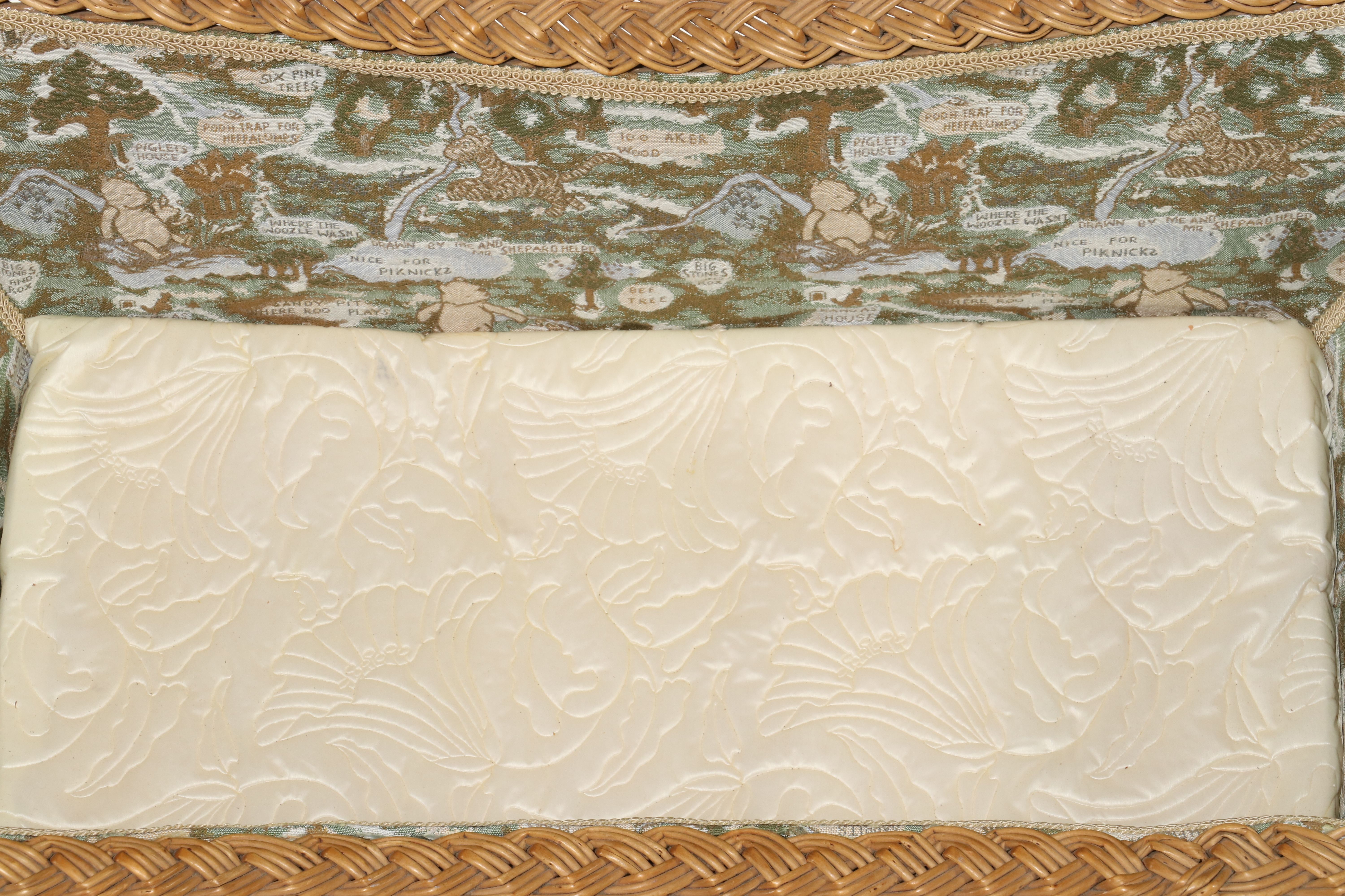 Victorian-Style Wicker Baby Carriage with "Winnie the Pooh" Tapestry Lining