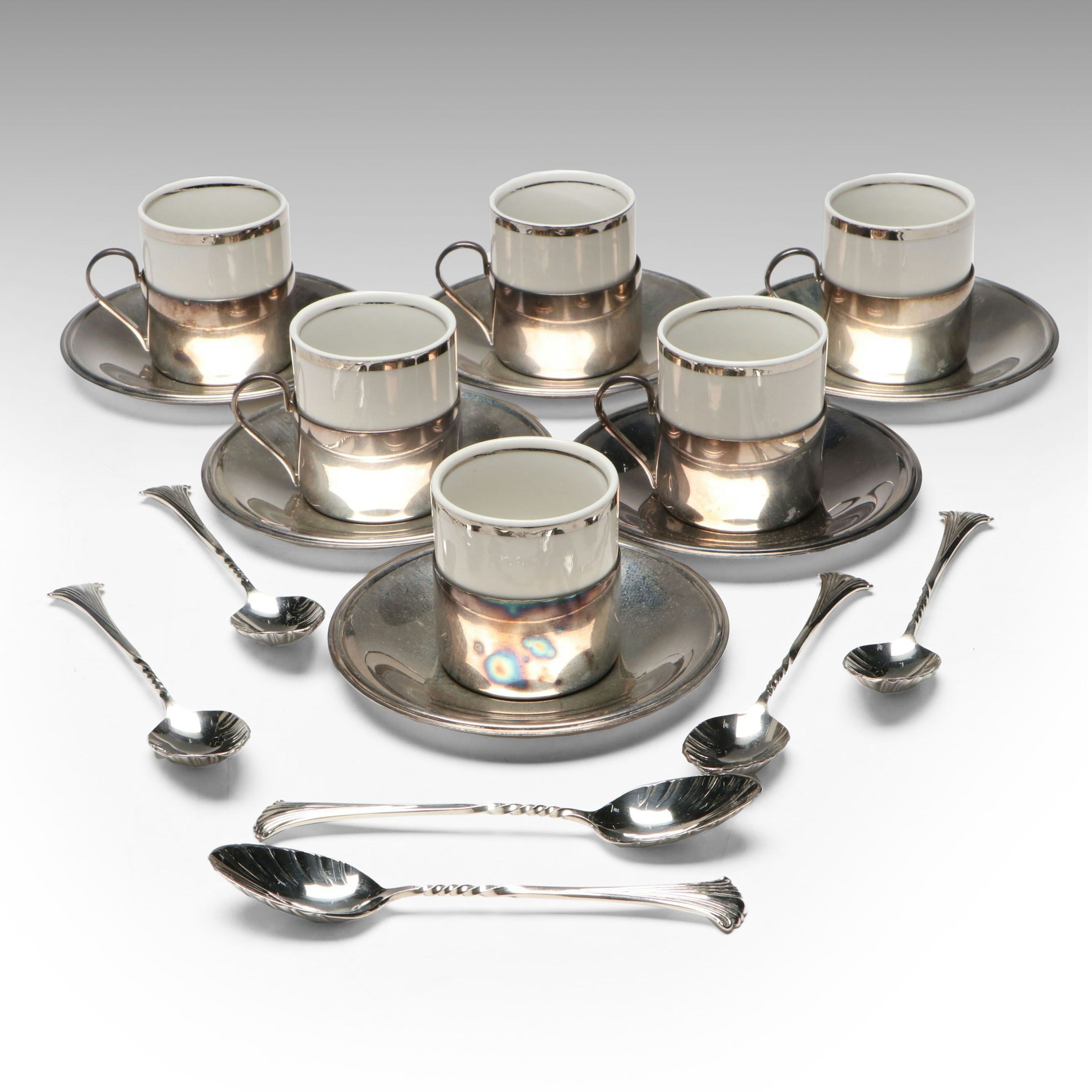 Brazilian Metal and Porcelain Demitasse Cups and Silver Plate Spoons