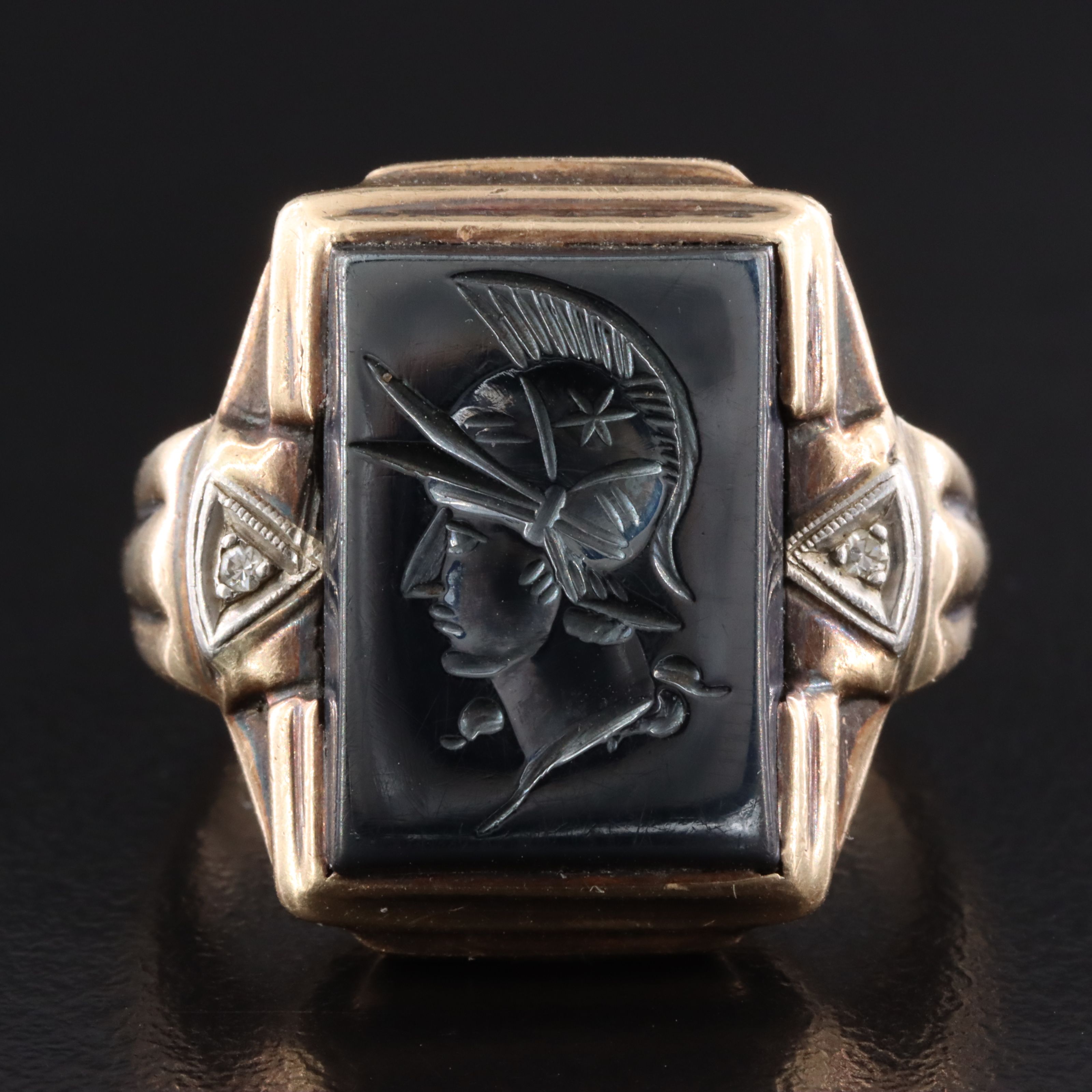 Vintage 10K Hematite Intaglio and Diamond Ring