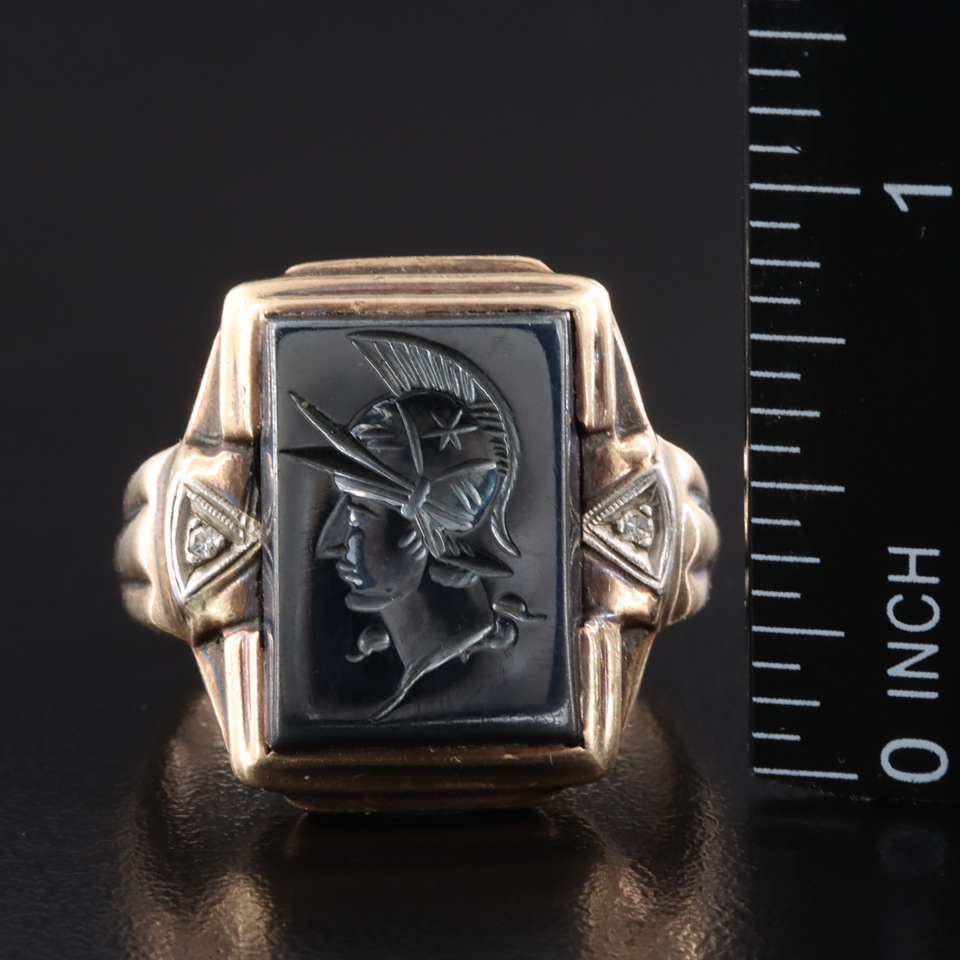 Vintage 10K Hematite Intaglio and Diamond Ring