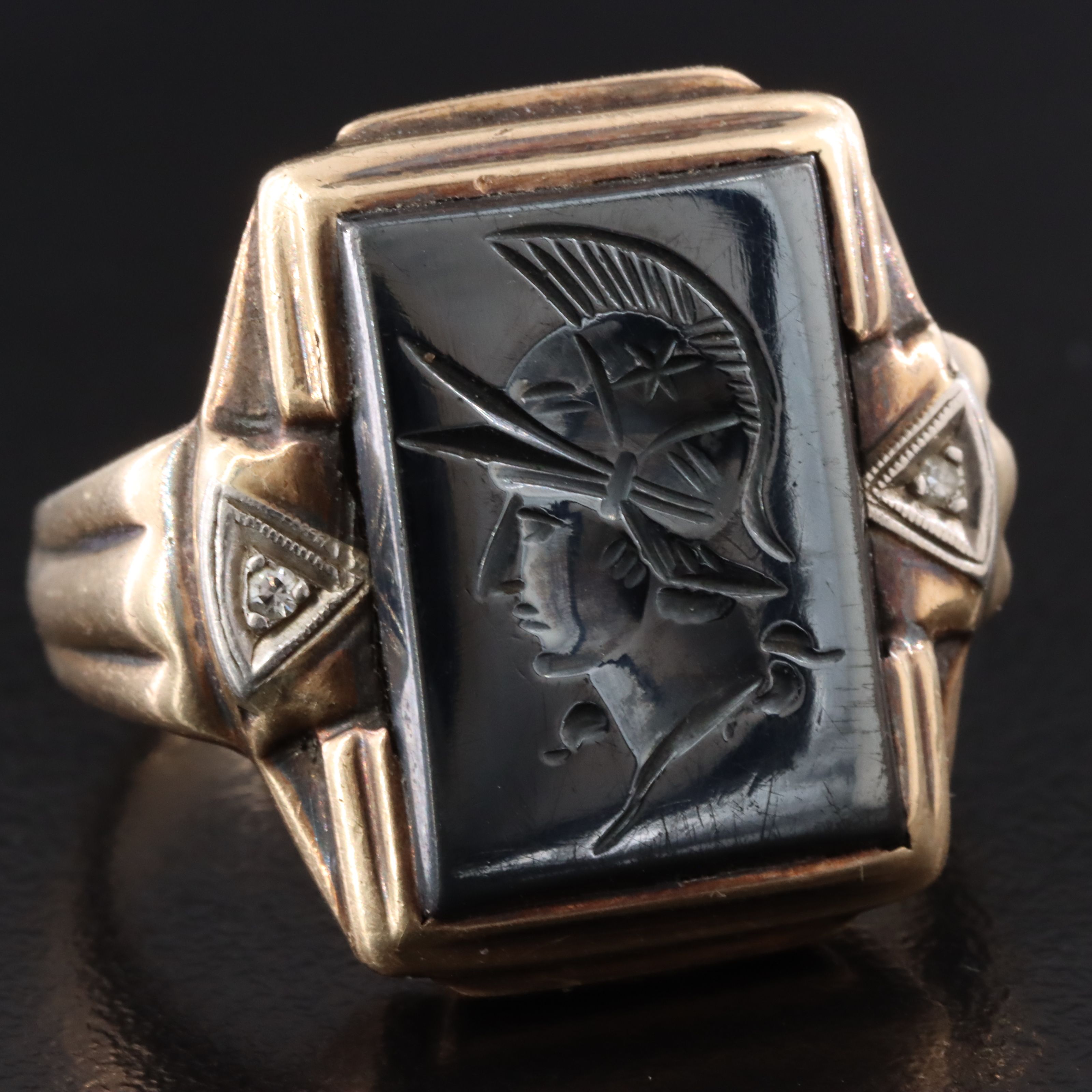 Vintage 10K Hematite Intaglio and Diamond Ring