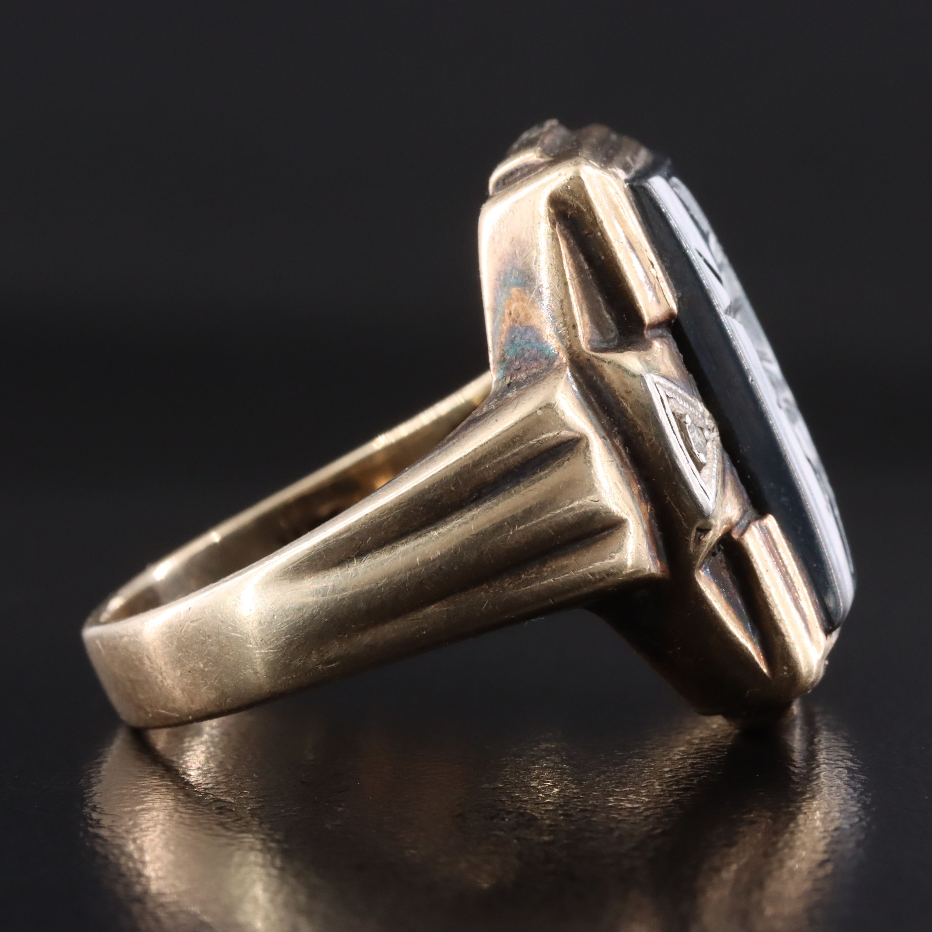 Vintage 10K Hematite Intaglio and Diamond Ring
