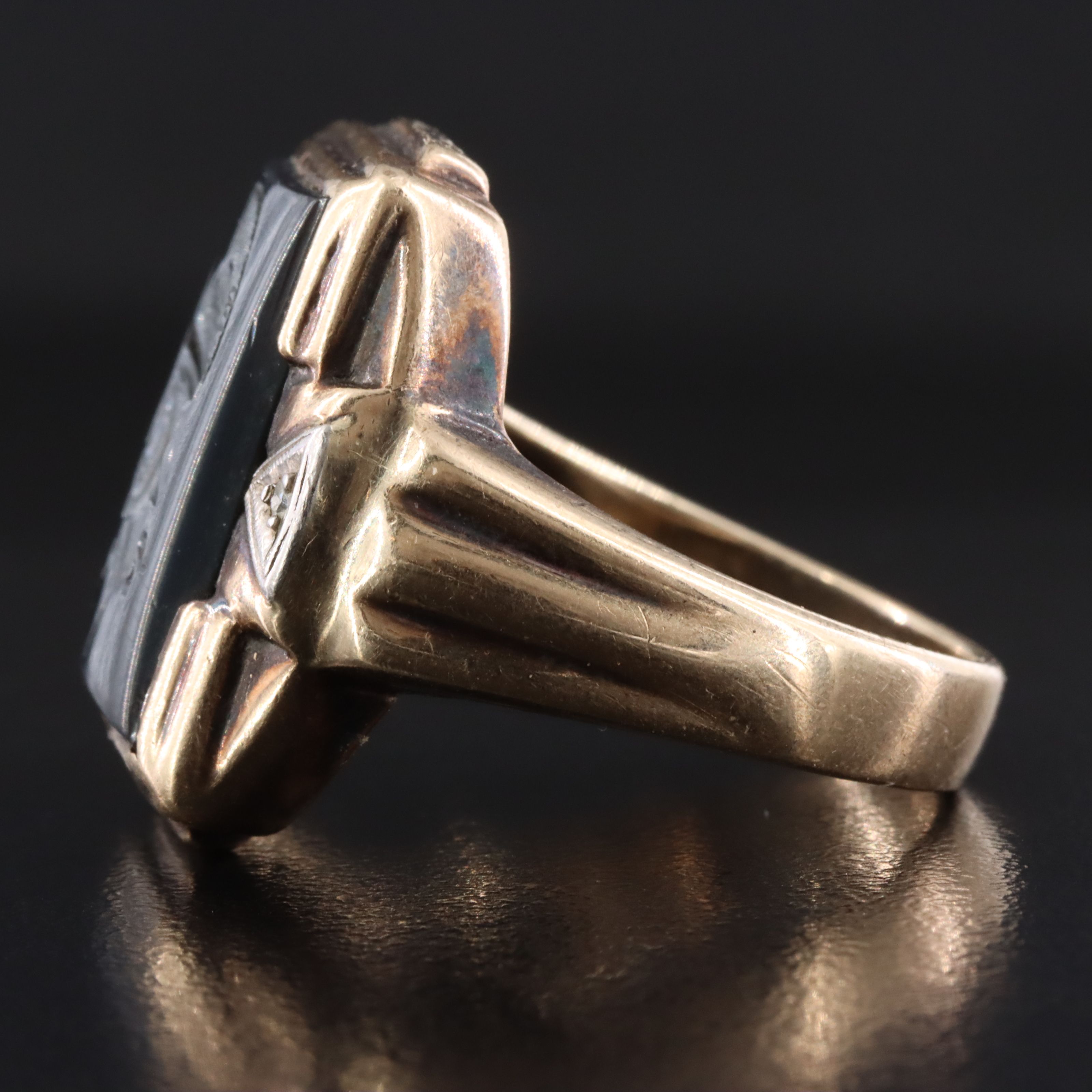 Vintage 10K Hematite Intaglio and Diamond Ring