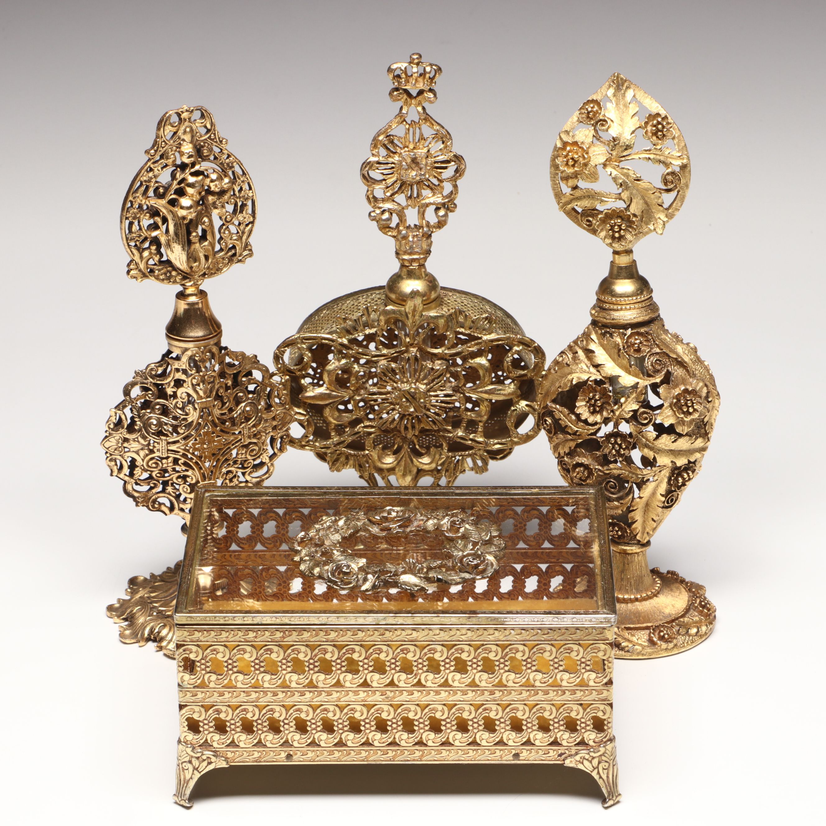 Rococo Style Gilt Finish Perfume Bottles and Vanity Box