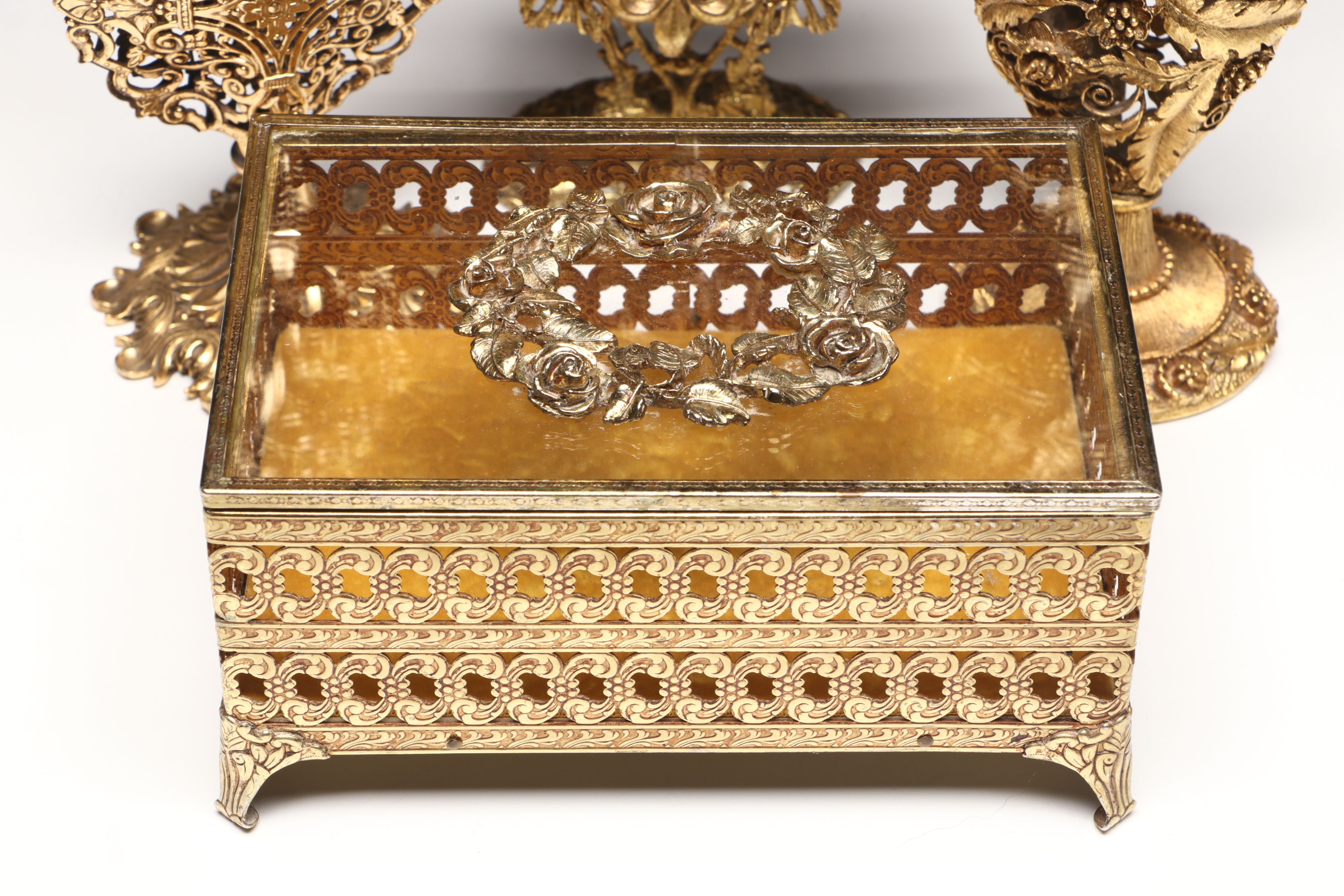 Rococo Style Gilt Finish Perfume Bottles and Vanity Box