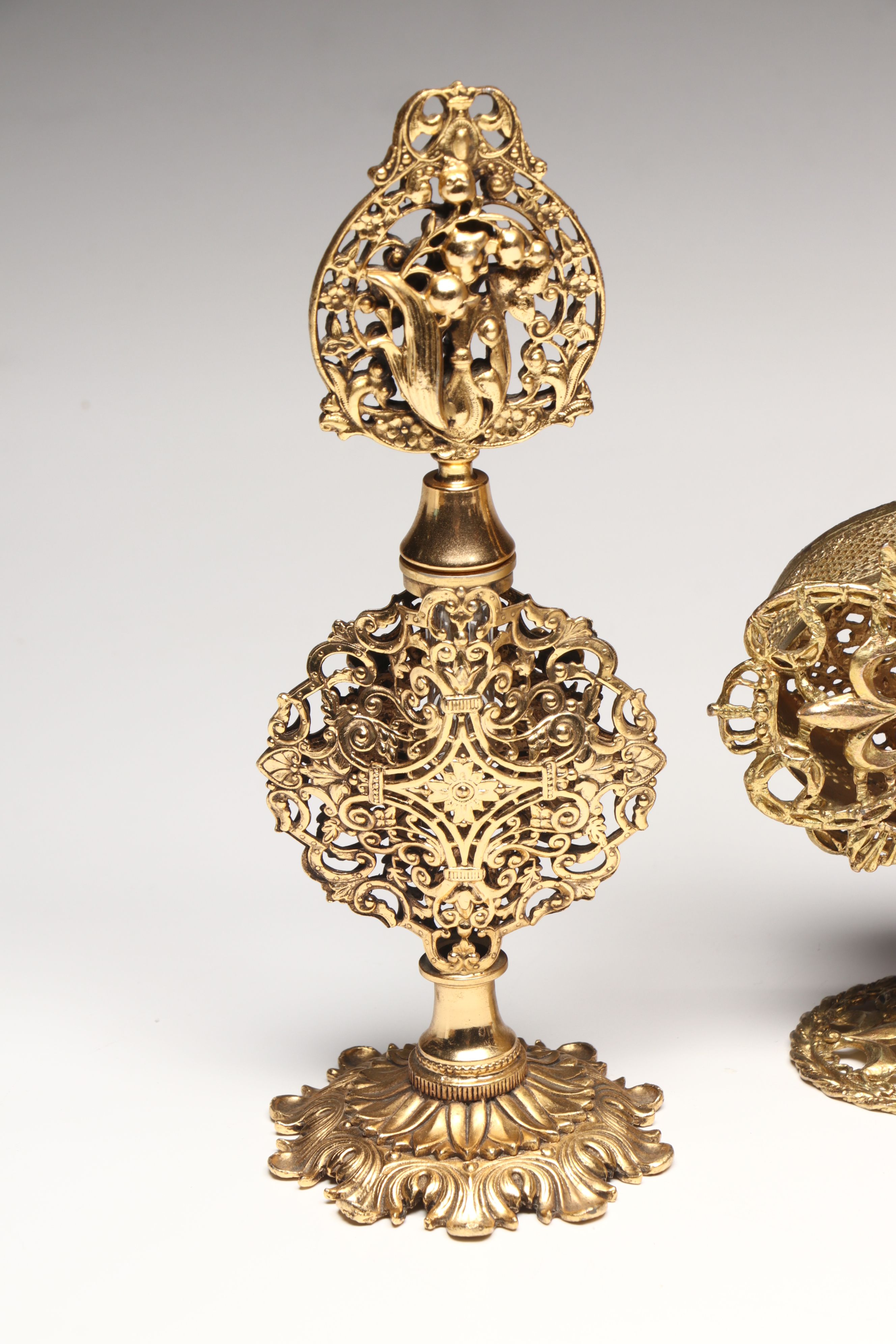 Rococo Style Gilt Finish Perfume Bottles and Vanity Box