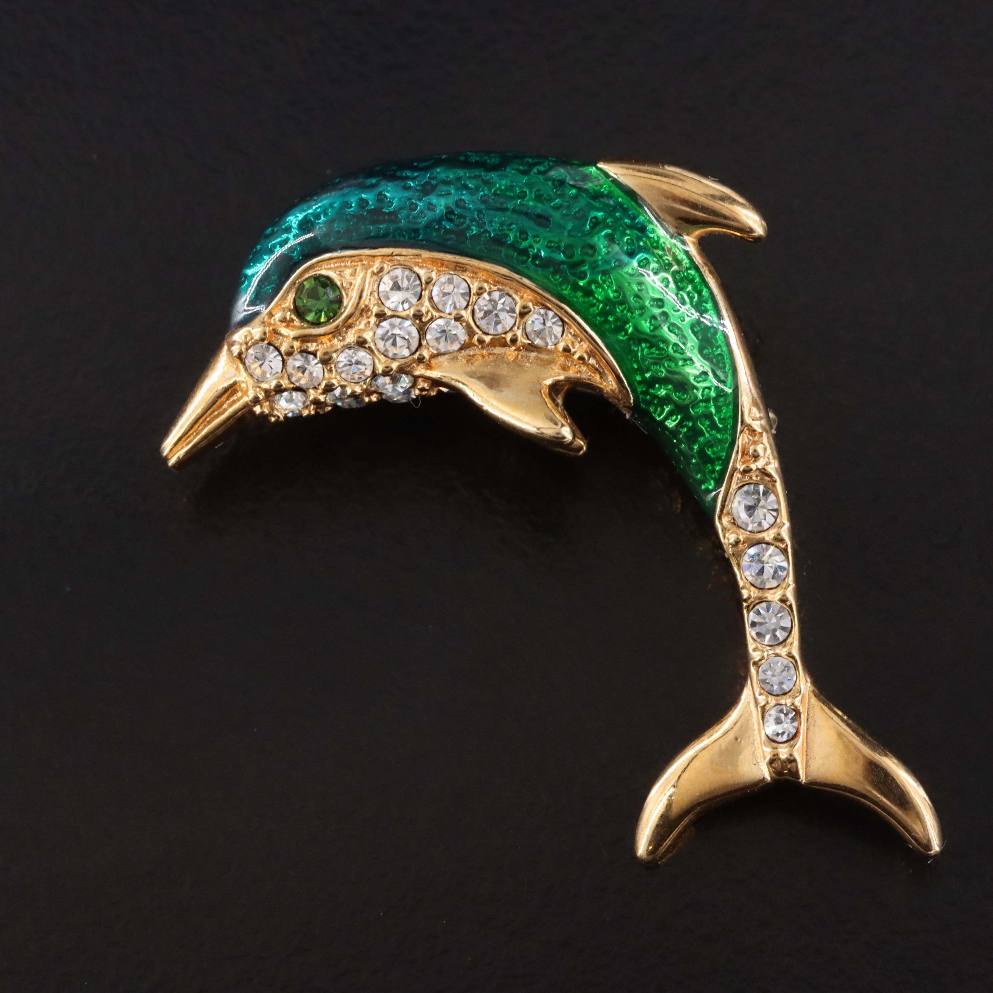 Krementz Rhinestone and Enamel Dolphin Brooch