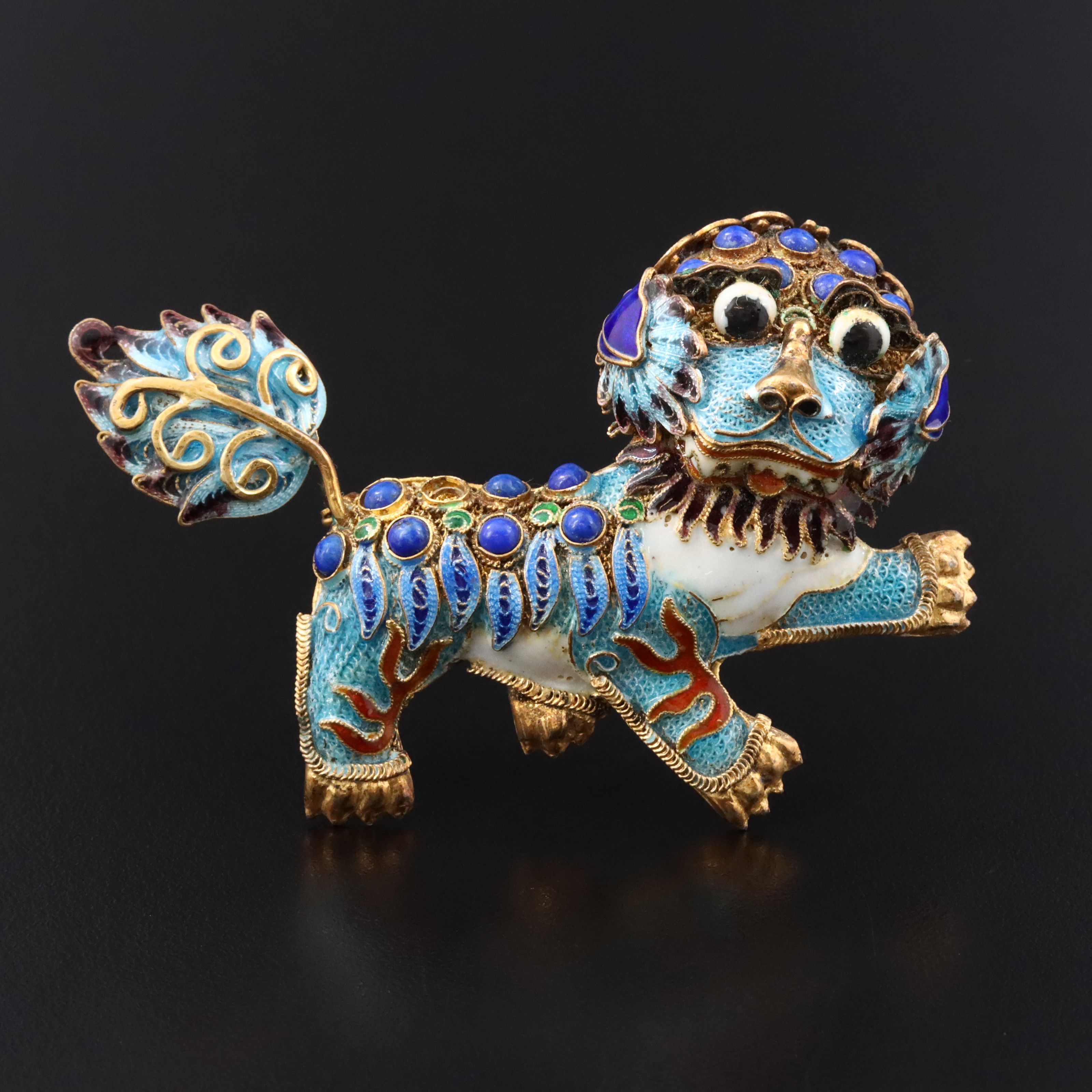Chinese Export Sterling Cloisonné & Sodalite Shishi Guardian Lion Brooch