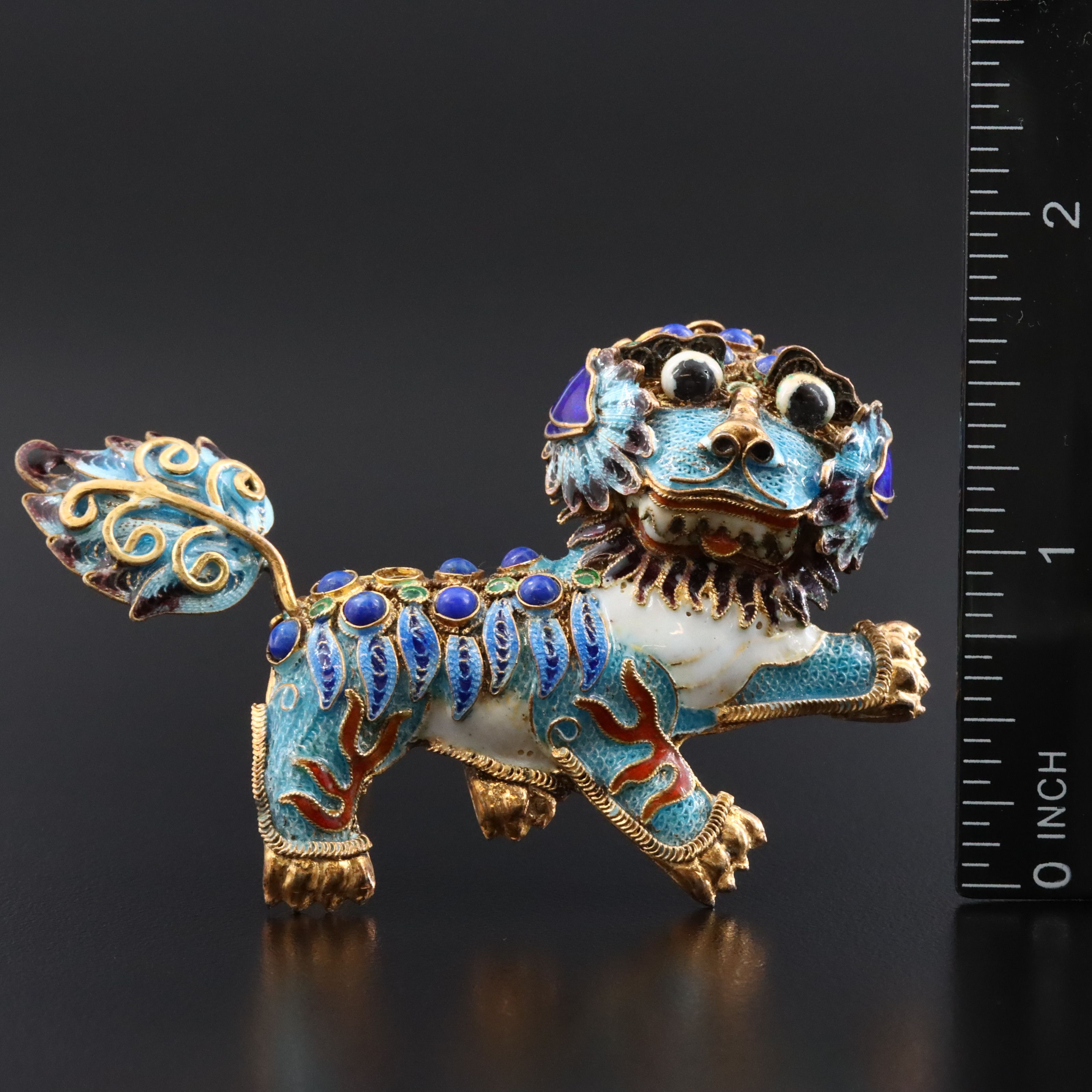 Chinese Export Sterling Cloisonné & Sodalite Shishi Guardian Lion Brooch