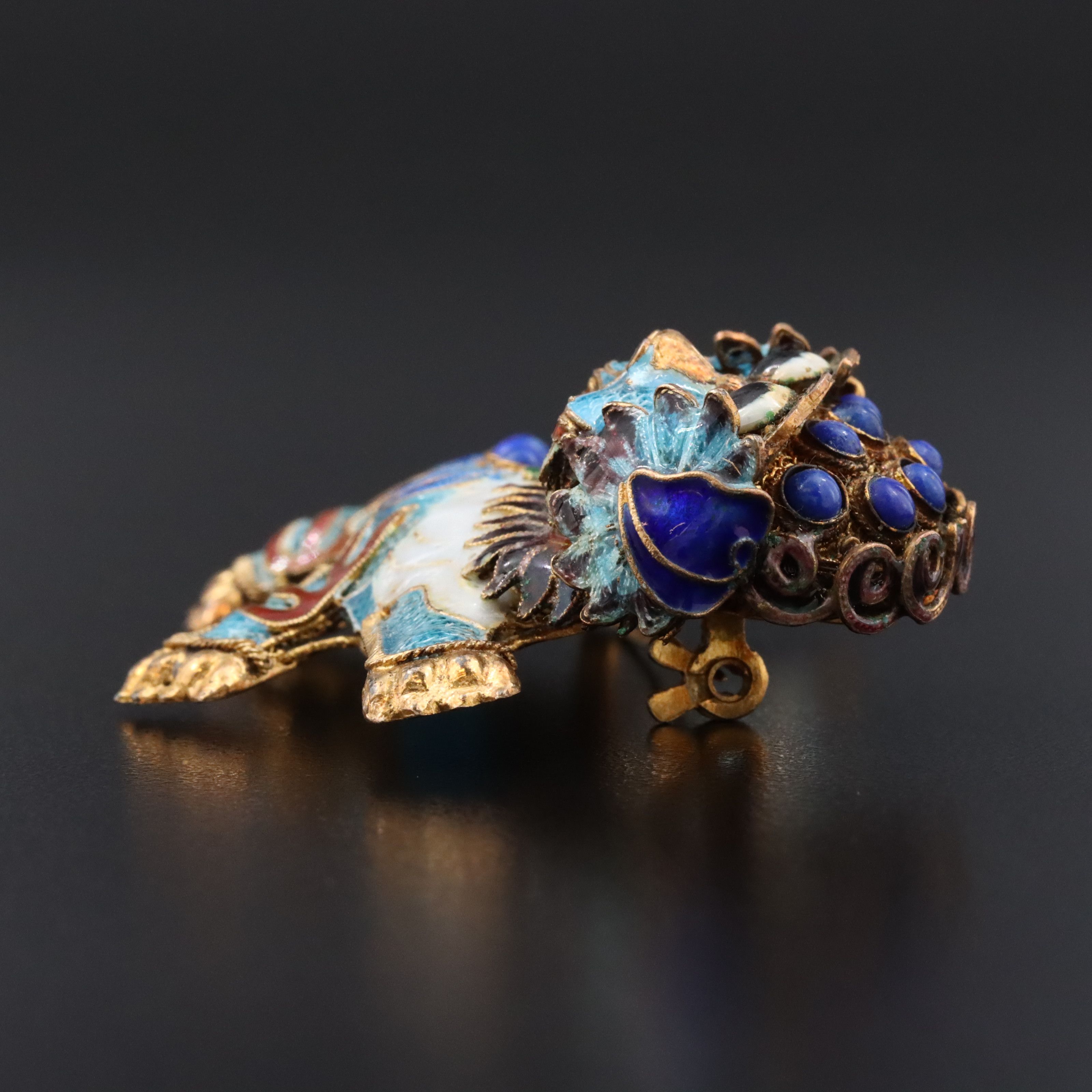 Chinese Export Sterling Cloisonné & Sodalite Shishi Guardian Lion Brooch