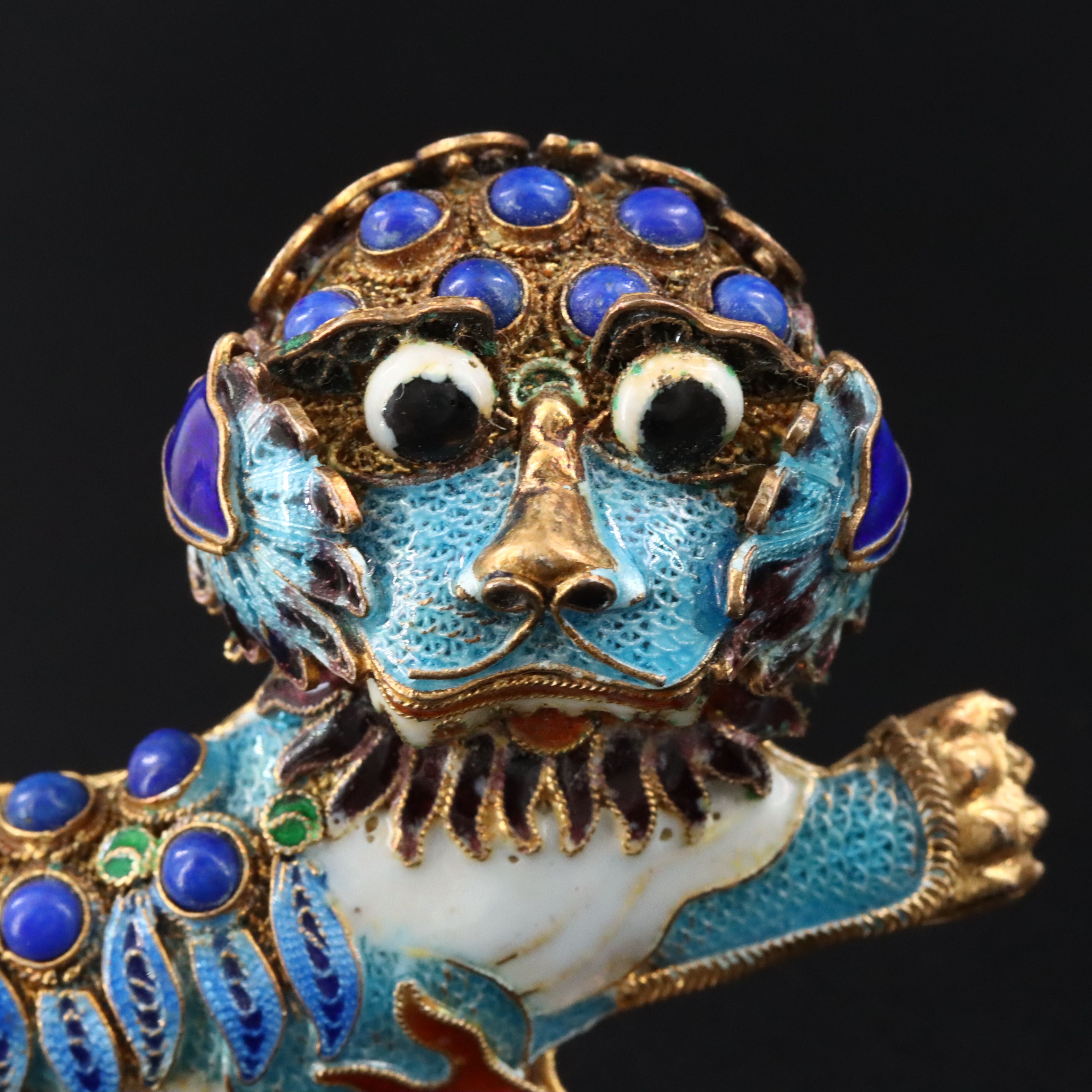 Chinese Export Sterling Cloisonné & Sodalite Shishi Guardian Lion Brooch