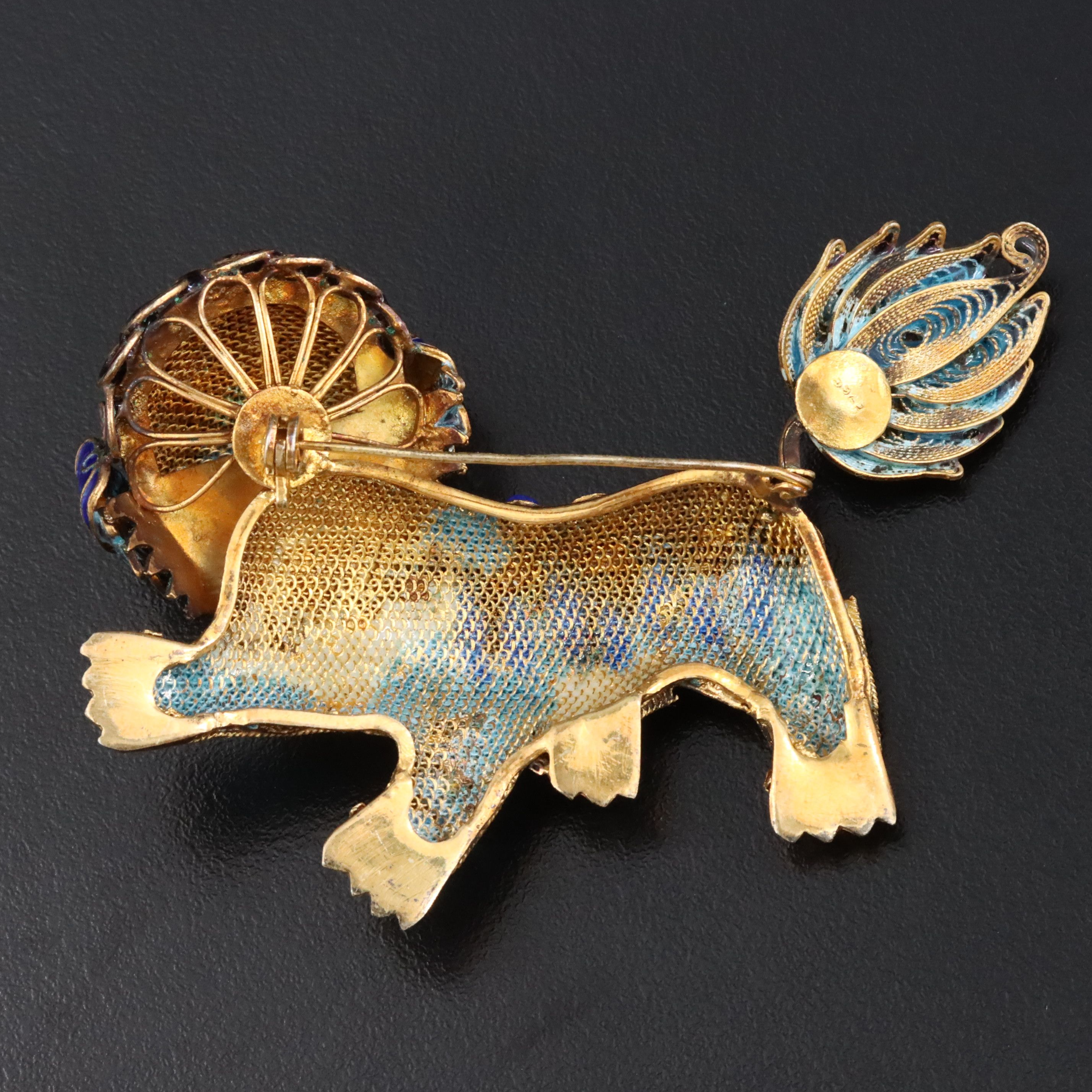 Chinese Export Sterling Cloisonné & Sodalite Shishi Guardian Lion Brooch