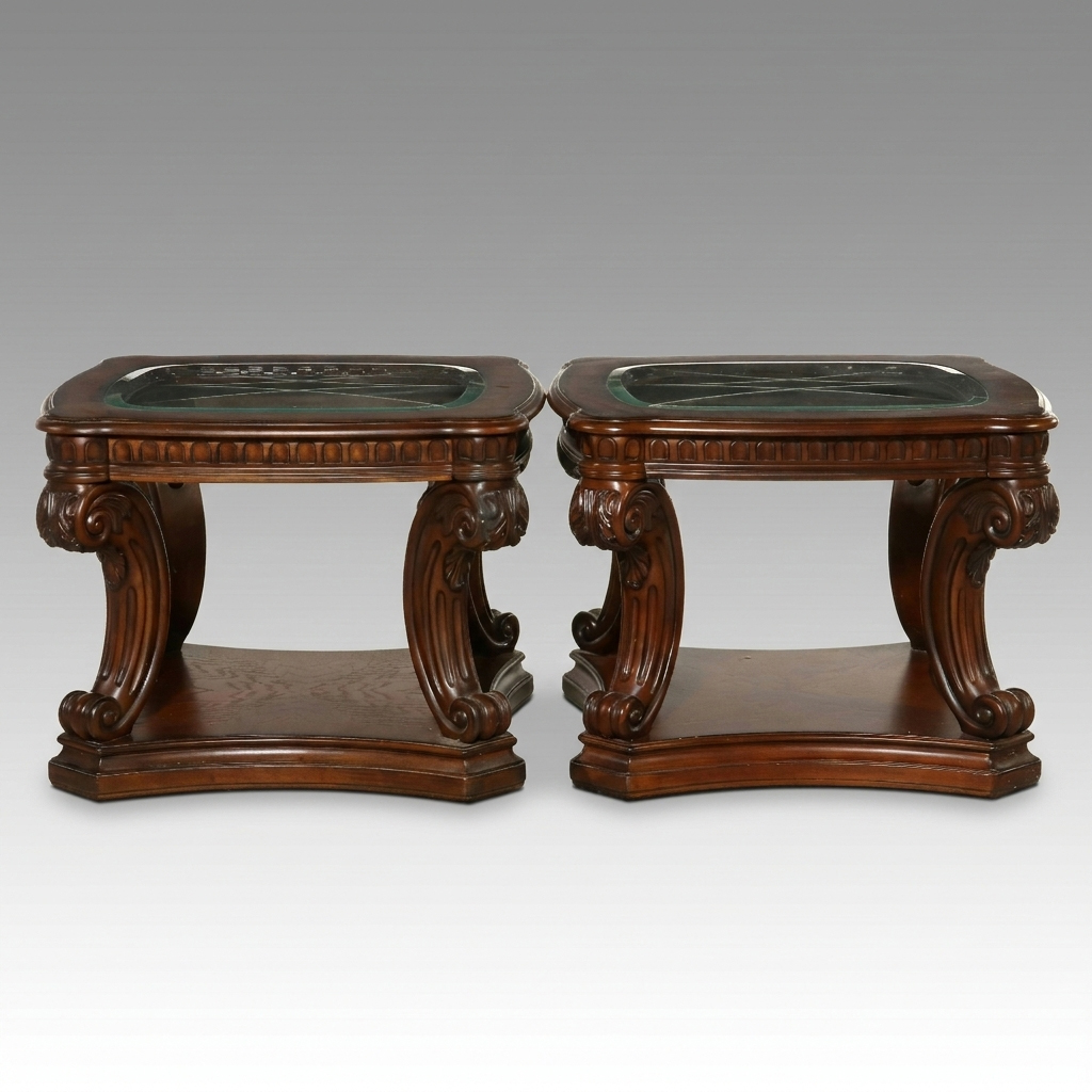 Pair of Thomasville Regency Revival Carved Mahogany Glass Top End Table